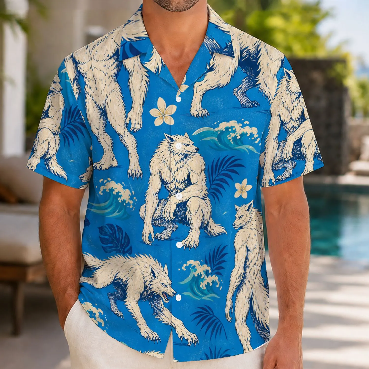 Werewolf Tropical Vacation Style for Cryptid Fans and Moonlit Beach Getaways Party Hawaiian Shirt - 1