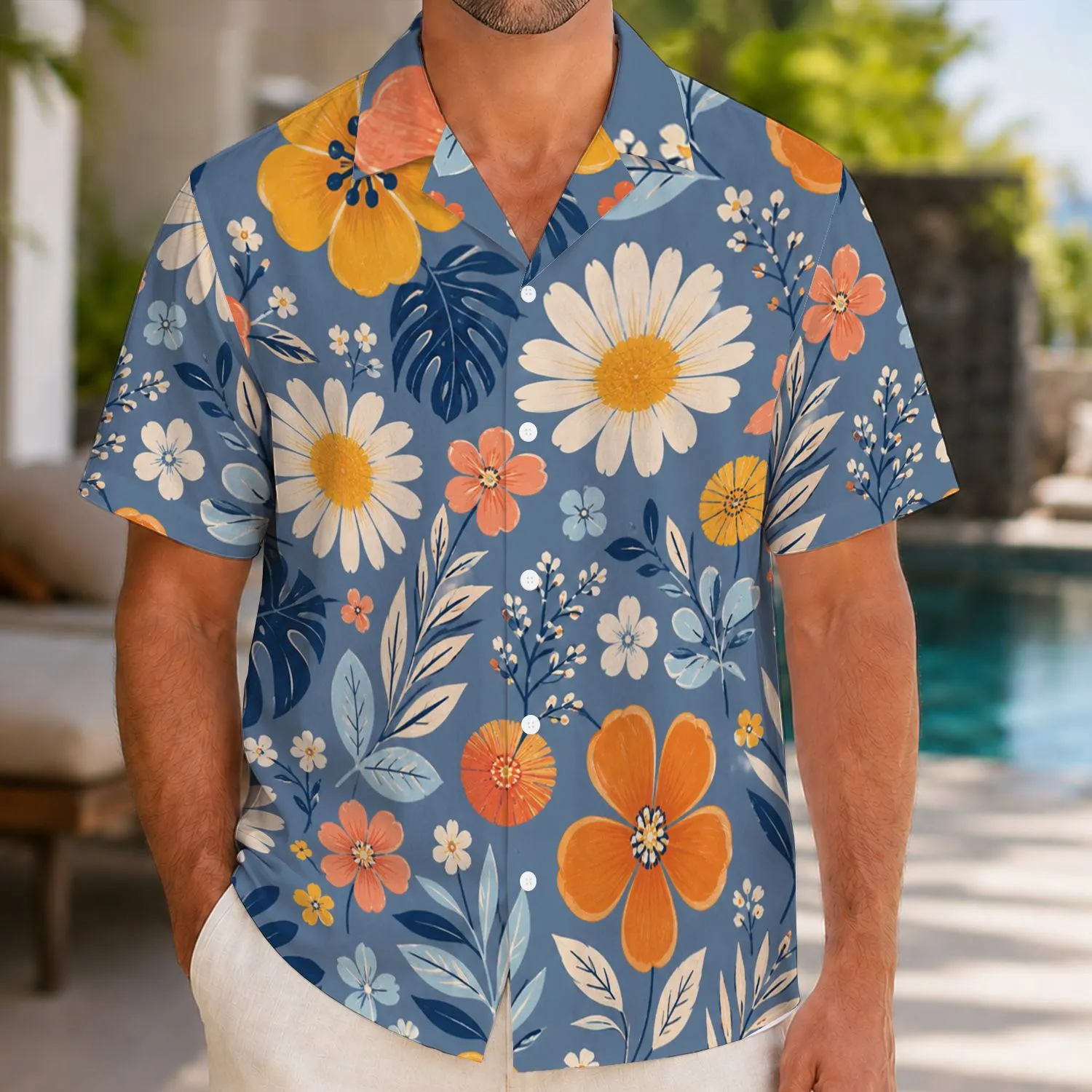 Retro Orange and Cream Flower Garden for Sunny Vacations and Resort Weekends, Women Hawaiian Shirt - 1