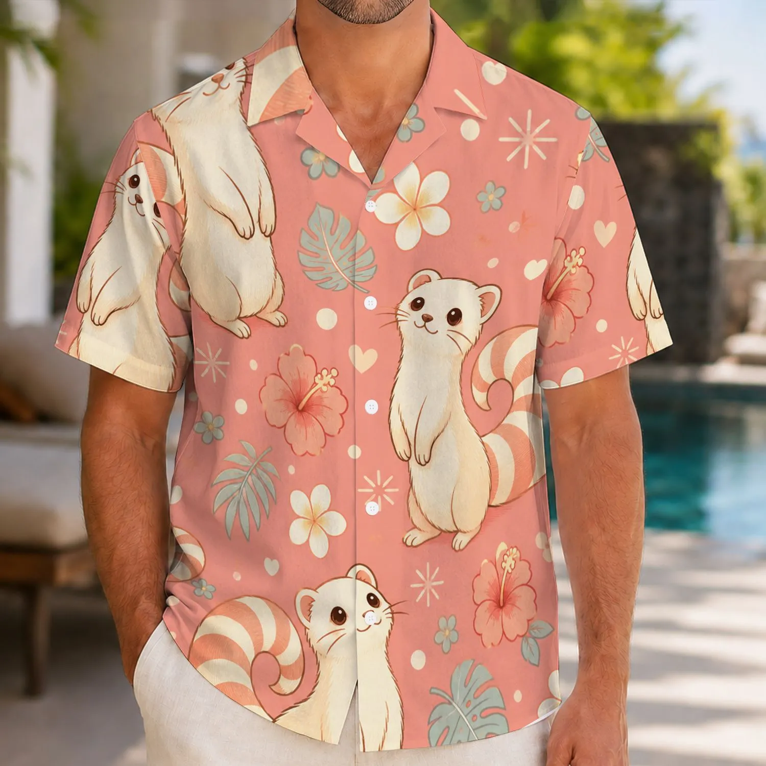 Striped-Tailed Woodland Ferret Gift For Summer Vacation, Cute Animal Lover Style Hawaiian Shirt - 1