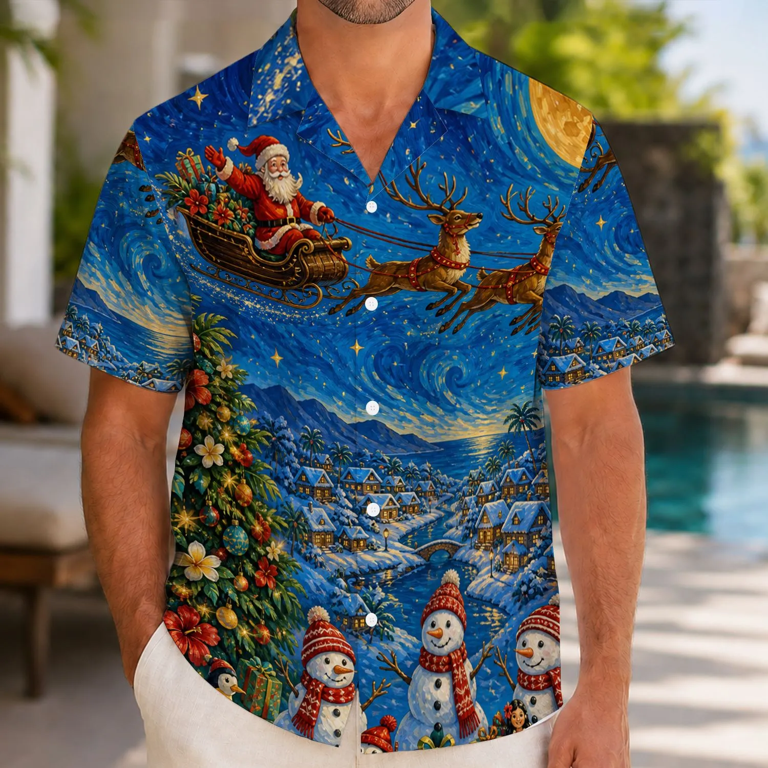 Santa Sleigh Under Swirling Blue Stars for Festive Winter Getaways and Holiday Cheer Hawaiian Shirt - 1