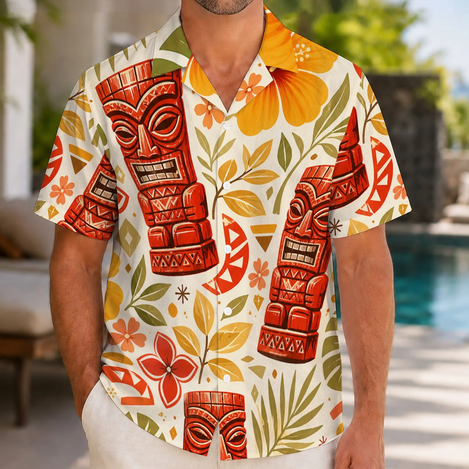 Tiki Totem Island Motifs for Sunny Resort Days, Tropical Vacation Style for Kids Wear Hawaiian Shirt - 1