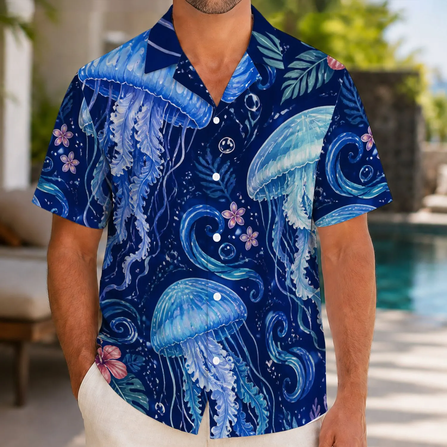 Deep Sea Jellyfish and Ocean Swirls for Resort Evenings and Coastal Getaways Style Hawaiian Shirt - 1