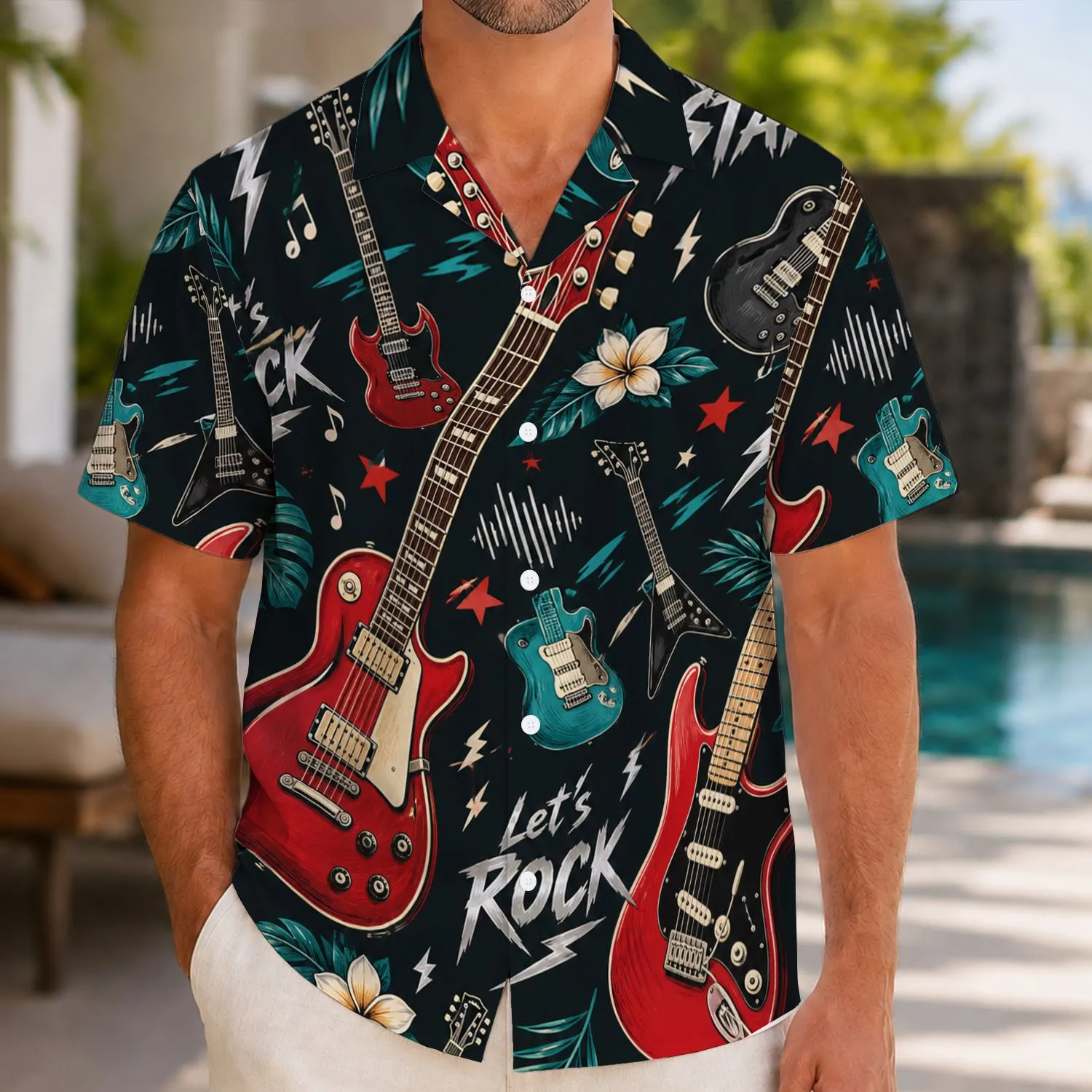 Red Electric Guitar Rock Star Music For Concert Nights And Festival Streetwear Men Hawaiian Shirt - 1