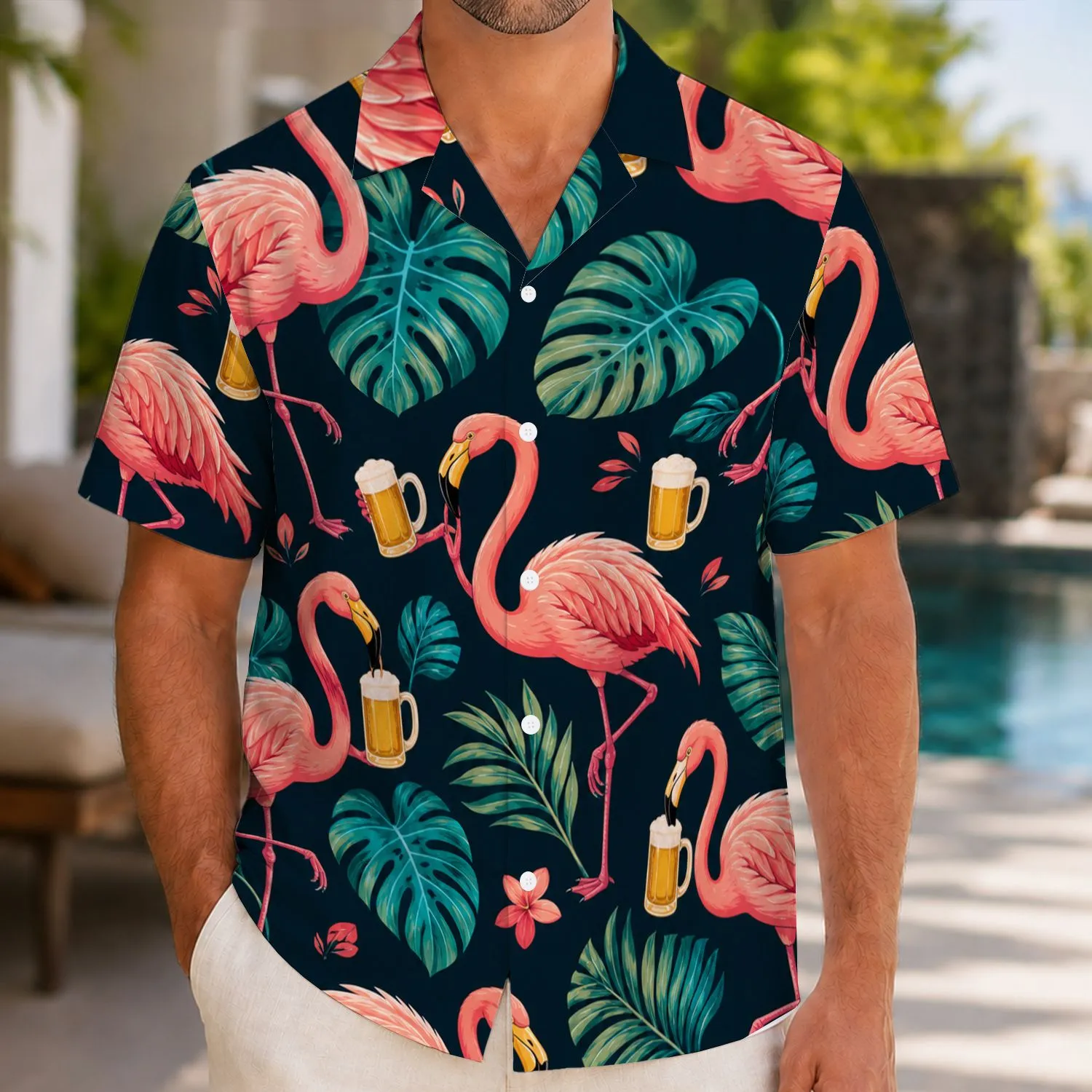 Pink Flamingo Beer Party Under Tropical Leaves for Vacation Celebrations and Beach Days Hawaiian Shirt - 1