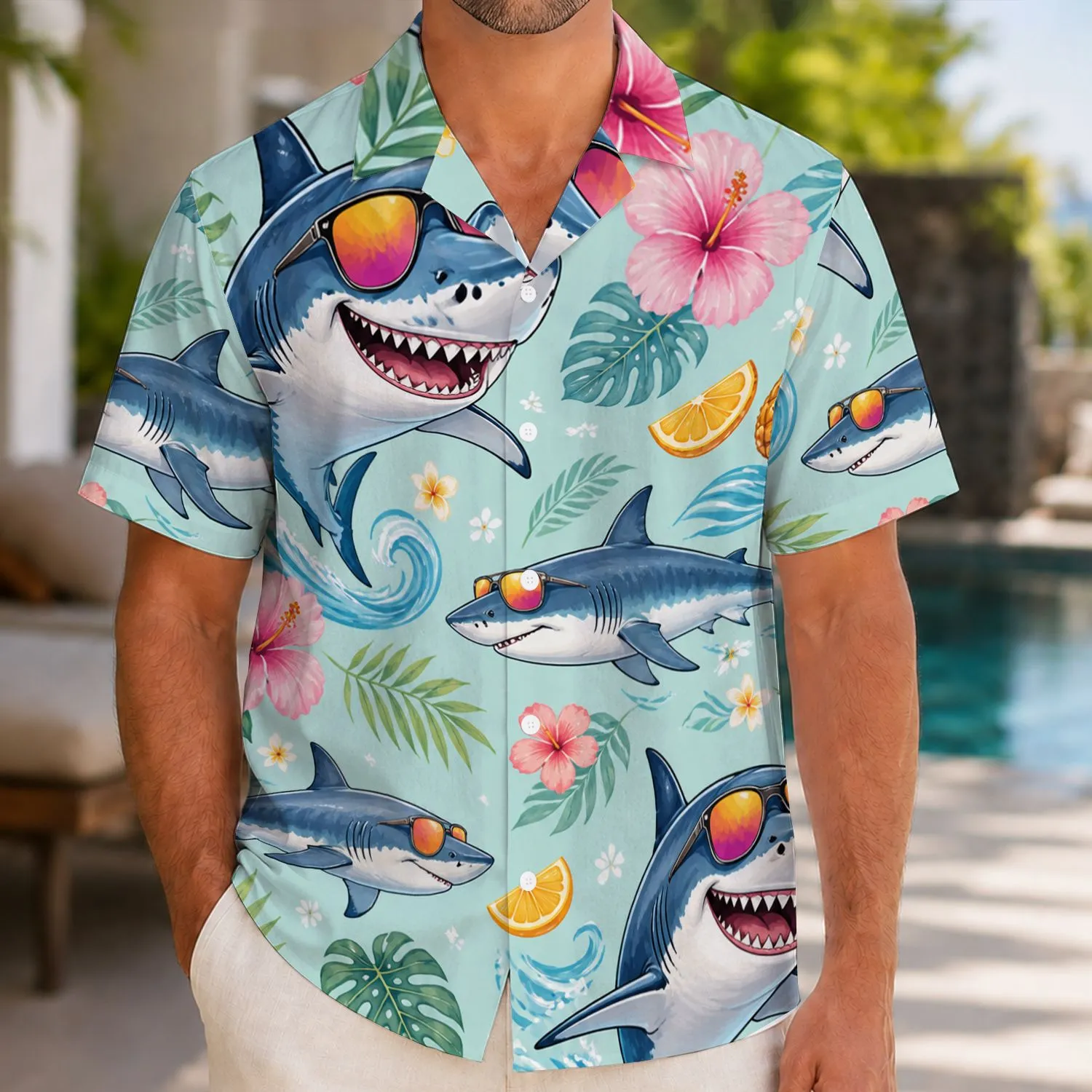 Smiling Sunglasses Sharks with Pineapples for Beach Parties and Island Getaways for Men Hawaiian Shirt - 1