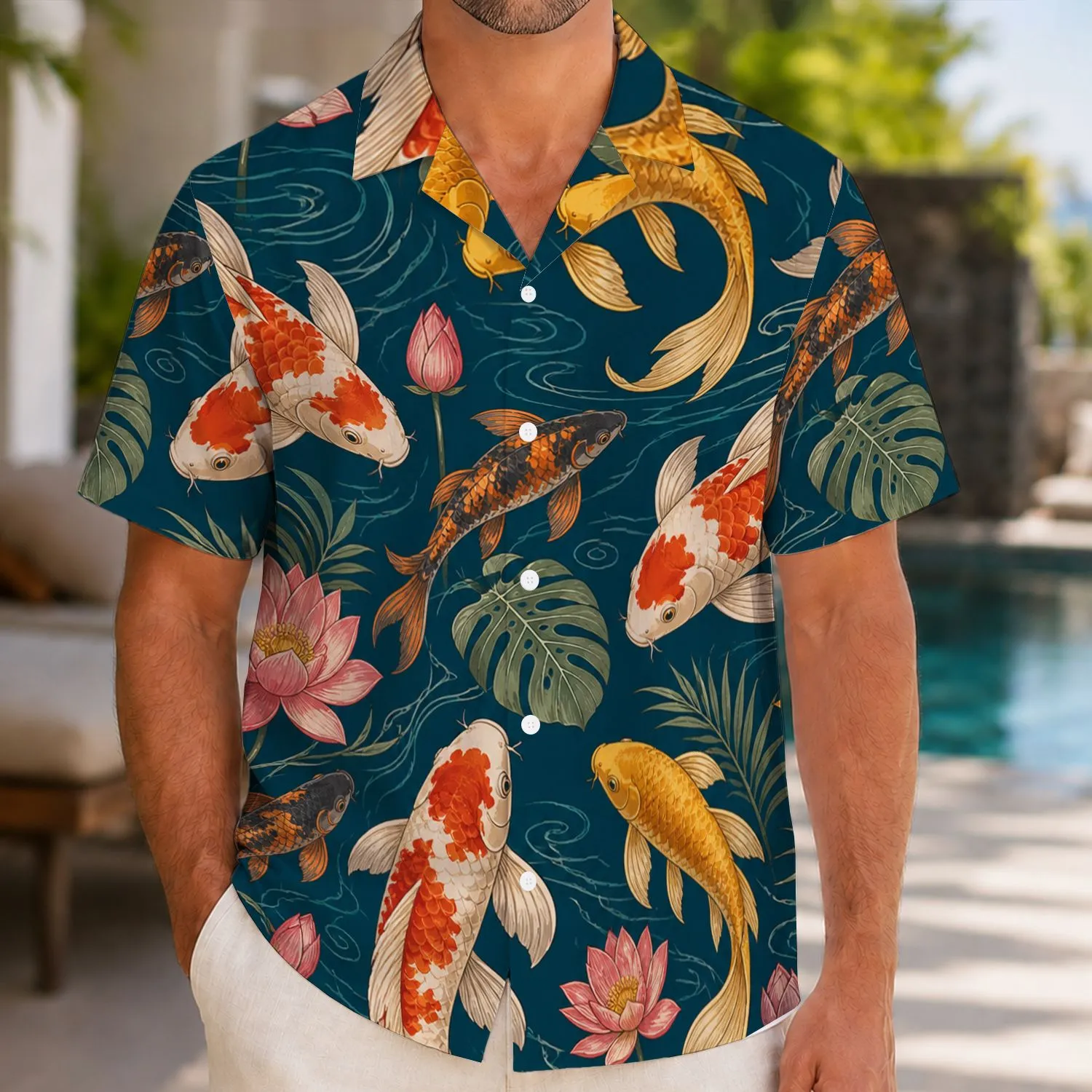 Koi Fish Lotus Garden for Resort Parties, Vacations, and Bold Streetwear for Men Hawaiian Shirt - 1
