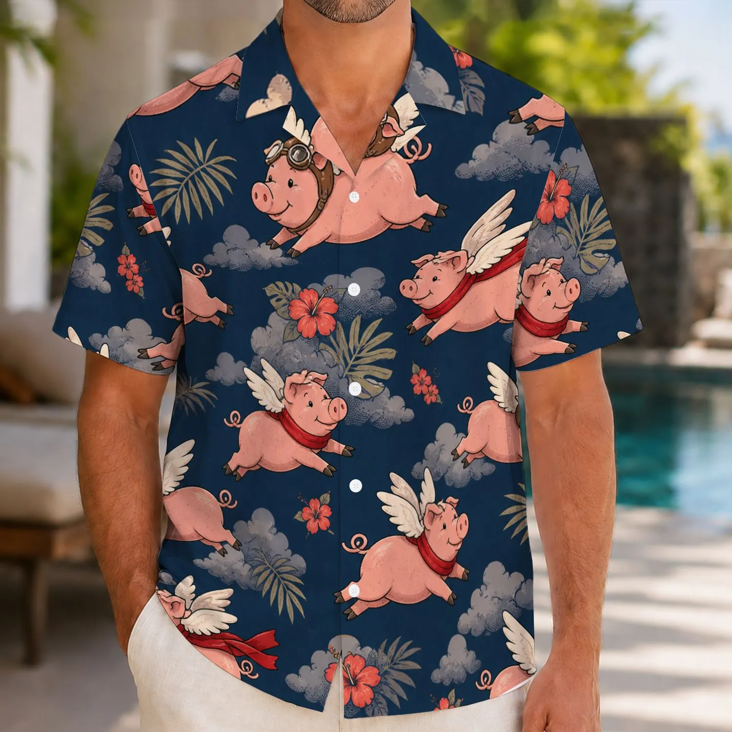 Flying Pigs With Red Scarves And Clouds For Playful Vacation Adventures, Men And Women Hawaiian Shirt - 1