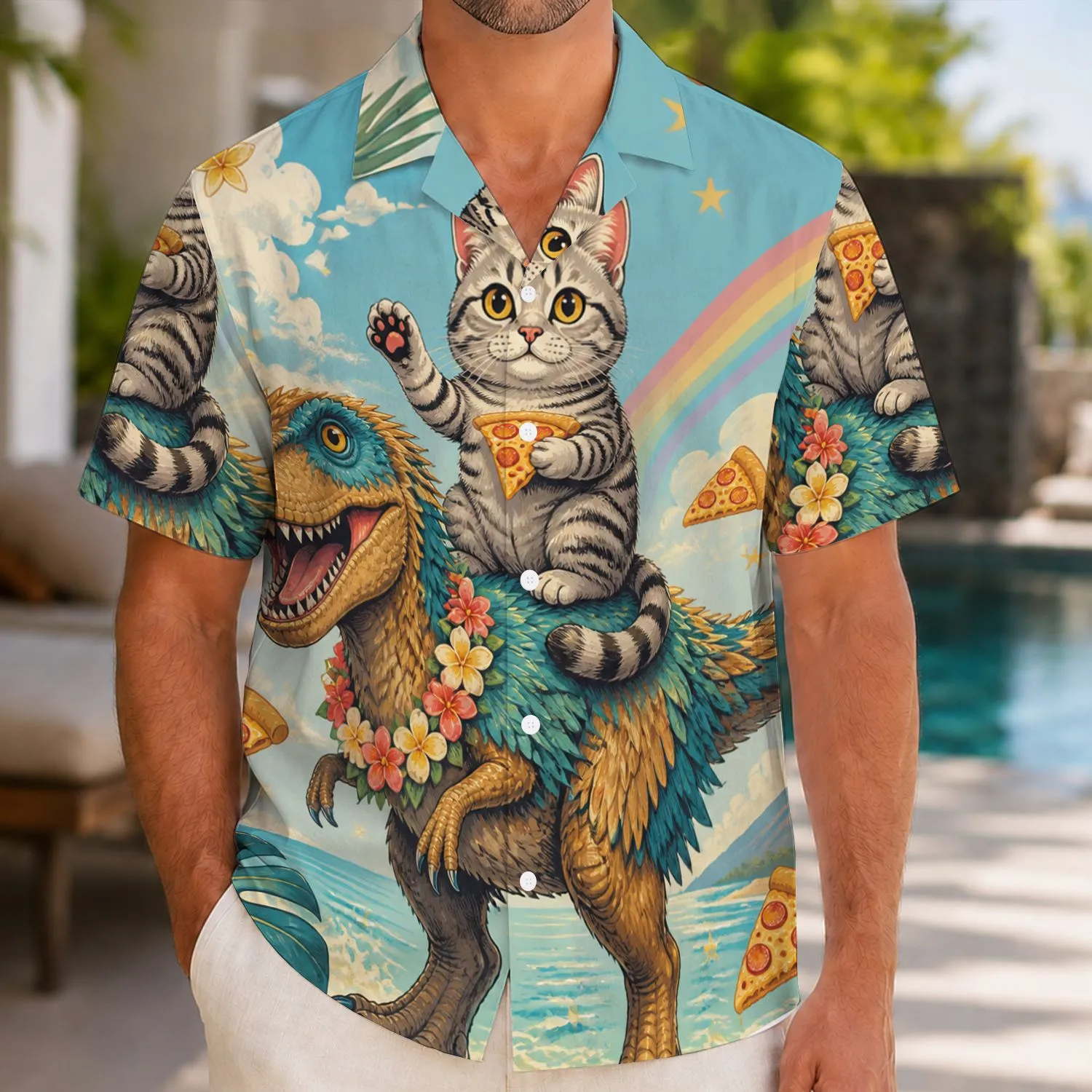 Cat Riding Dinosaur With Pizza And Cosmic Rainbows For Vacation Parties And Streetwear Hawaiian Shirt - 1