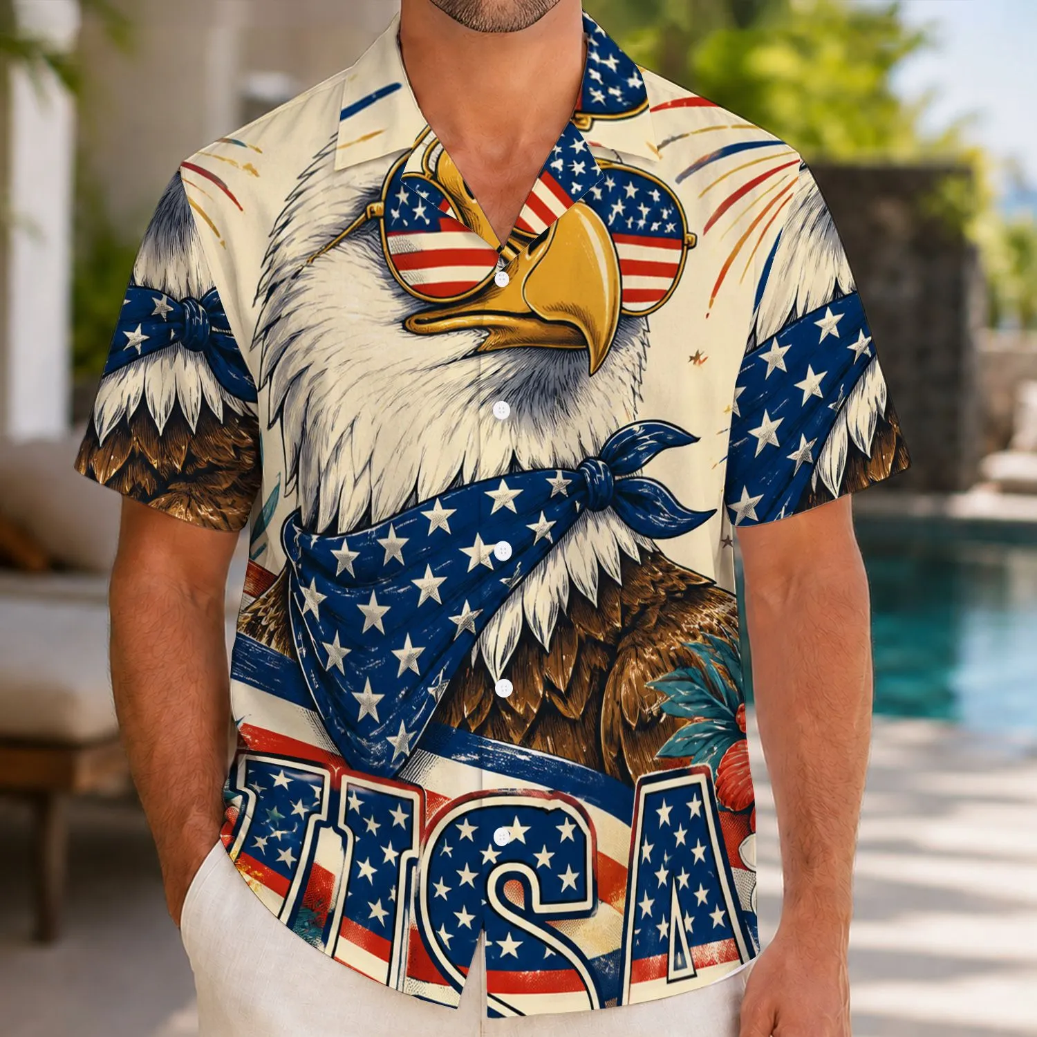 Bald Eagle USA Flag Fireworks for Independence Day Beach Celebrations, Patriotic Style Hawaiian Shirt - 1