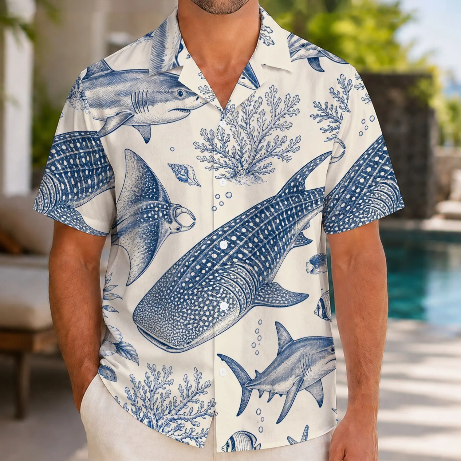 Blue Ocean Shark and Whale Shark Motifs for Coastal Vacation Lounging and Beach Days Hawaiian Shirt - 1
