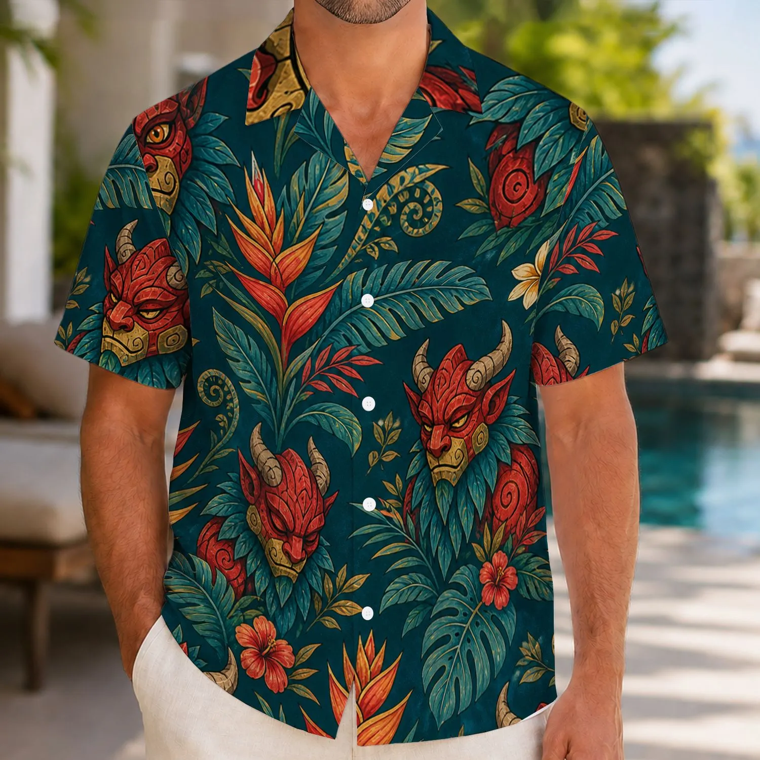 Horned Gargoyle Heliconia Jungle Faces for Festival Getaways, Island Trips, and Fantasy Fans Hawaiian Shirt - 1