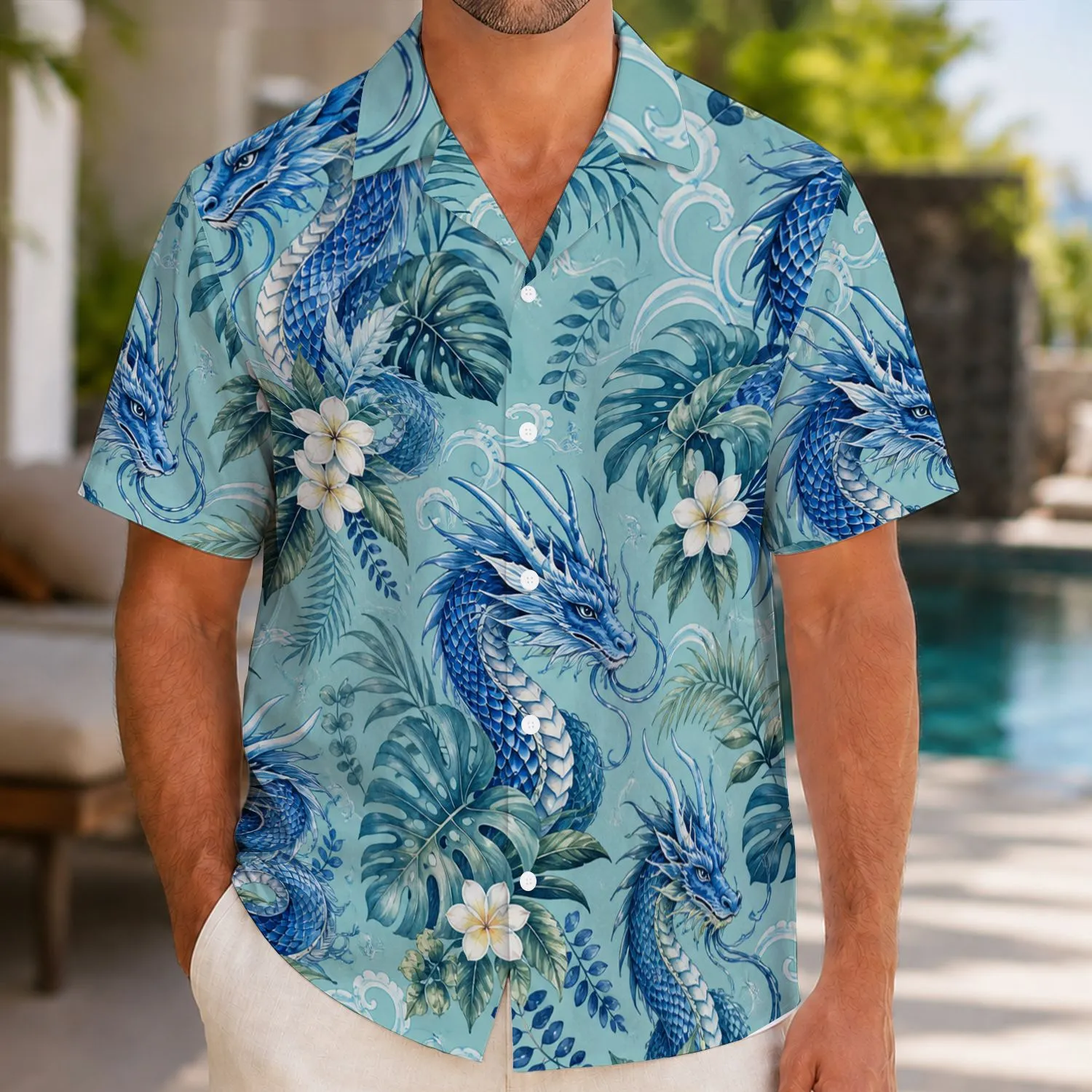 Blue Dragon Garden Scene For Island Getaways, Fantasy Weekends, And Mythic Escapes Hawaiian Shirt - 1