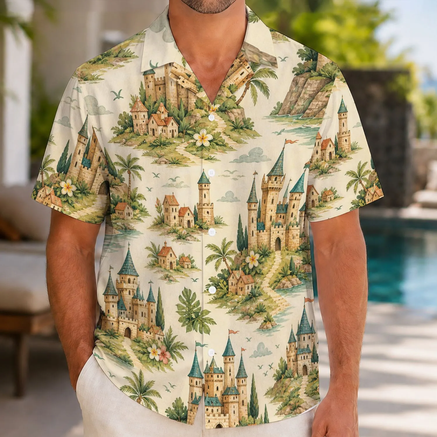 Whimsical Medieval Castle Kingdom for Fantasy Travel and Dungeons & Dragons Fans Hawaiian Shirt - 1