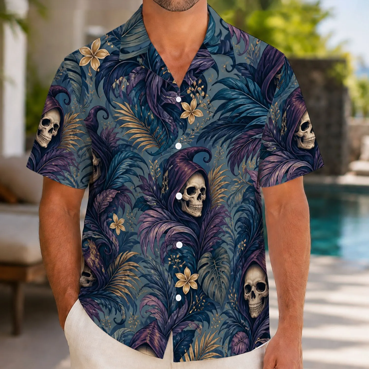 Hooded Skull Foliage Aesthetic for Halloween Trips, Gothic Vacations, and DnD Fans Hawaiian Shirt - 1