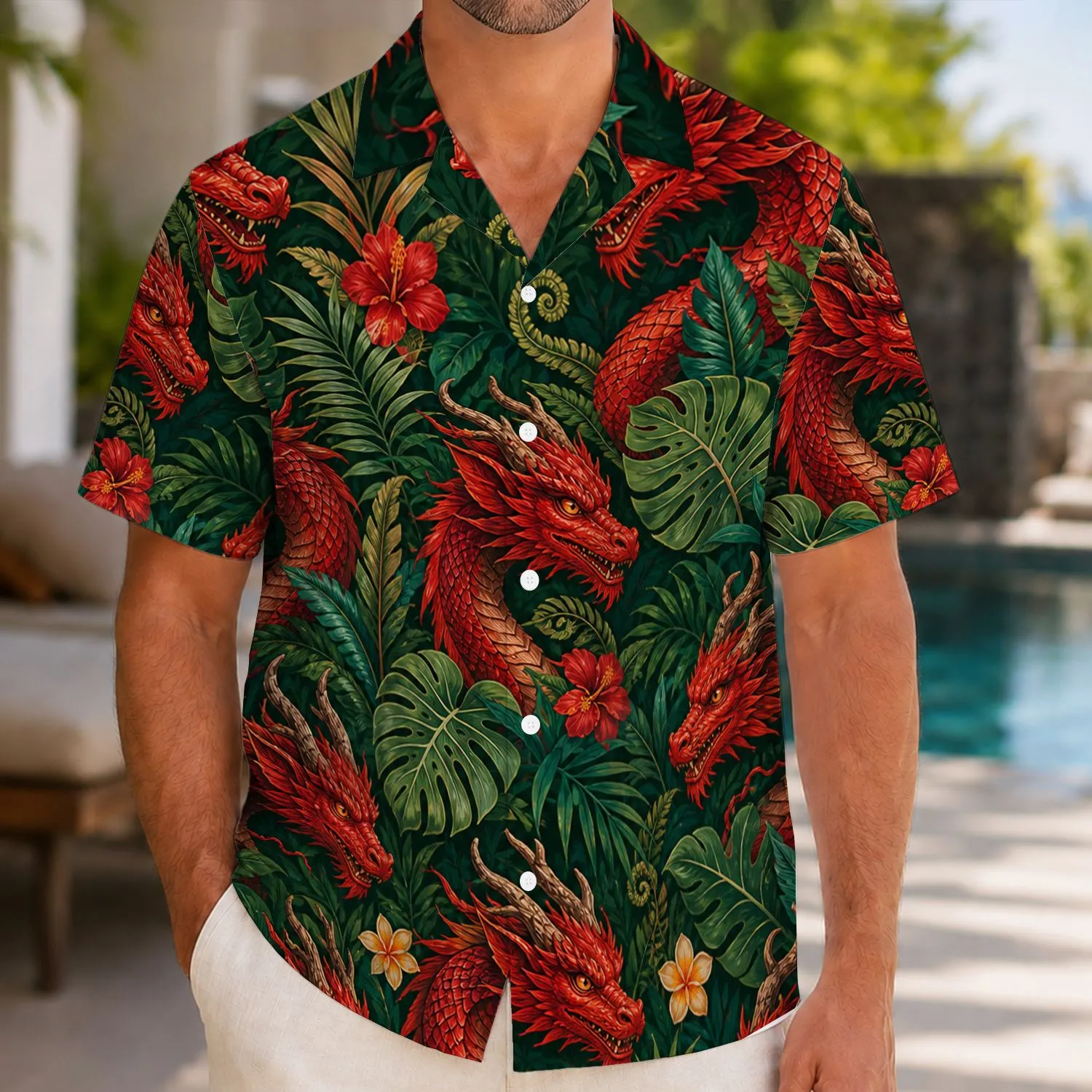 Red Dragon Jungle Foliage Adventure for Fantasy Travel, Festivals, and Game Nights Hawaiian Shirt - 1