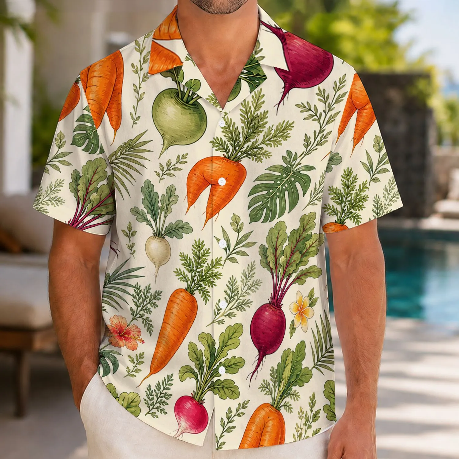 Funny Root Vegetable Garden Scene for Beach Holidays and Tropical Parties, All Ages Hawaiian Shirt - 1