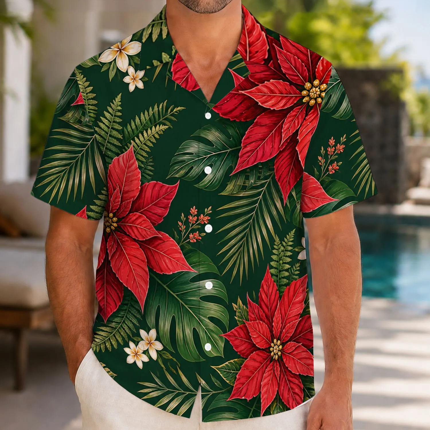 Red Poinsettia Tropical Garden For Christmas Getaways And Island Vacations For Men Hawaiian Shirt - 1