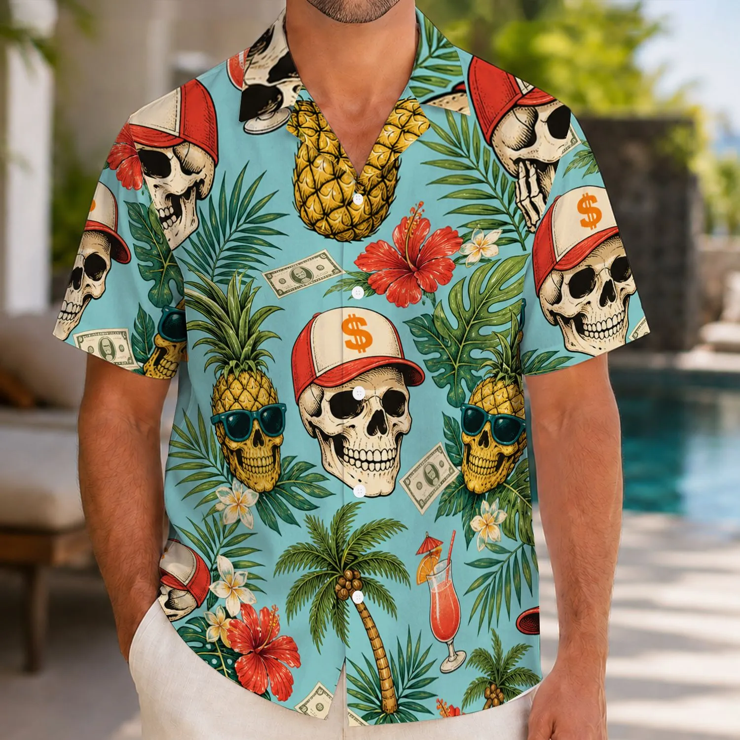 Skull Pineapple Beach Party Scene for Men at Tropical Vacations and Summer Getaways Hawaiian Shirt - 1