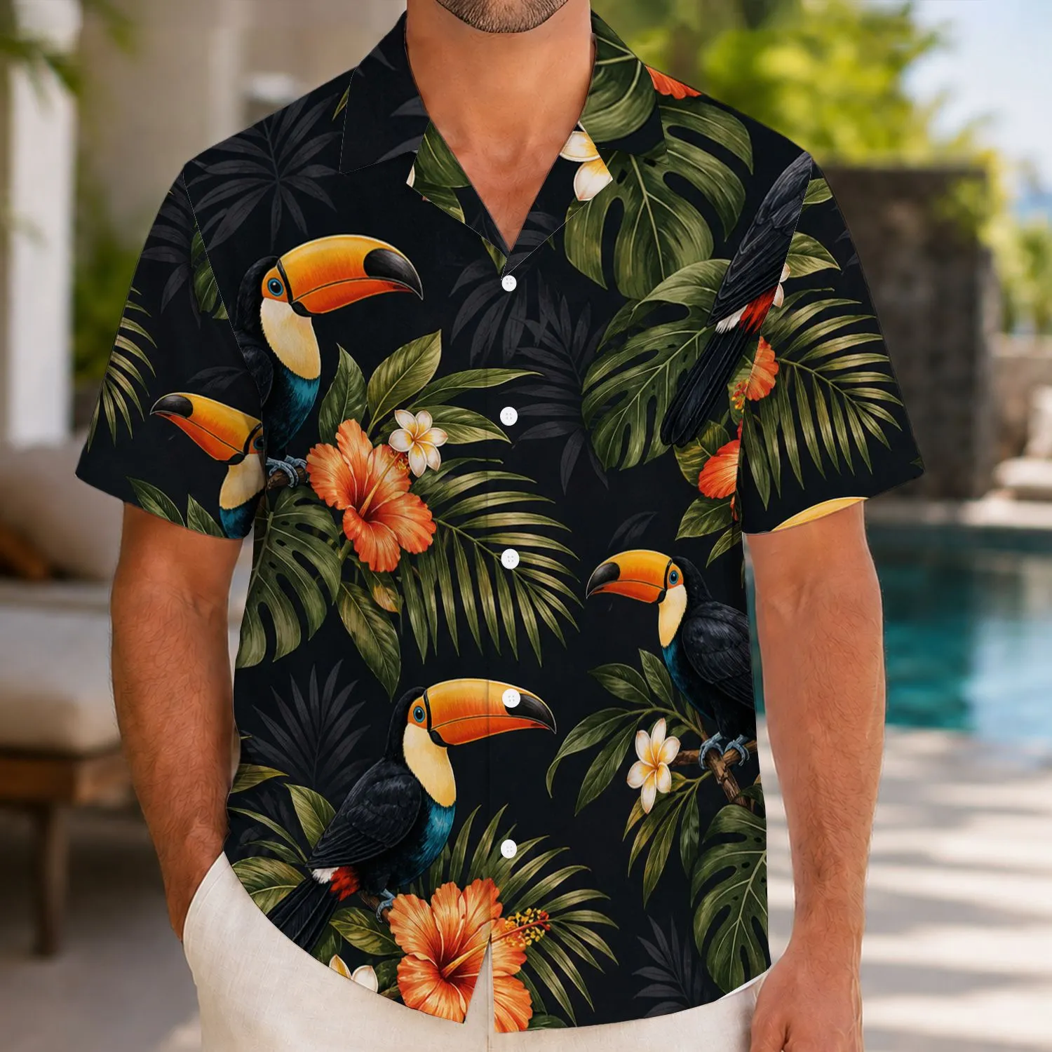 Tropical Toucans and Plumeria for Island Vacations and Resort Weekends for Men Hawaiian Shirt - 1
