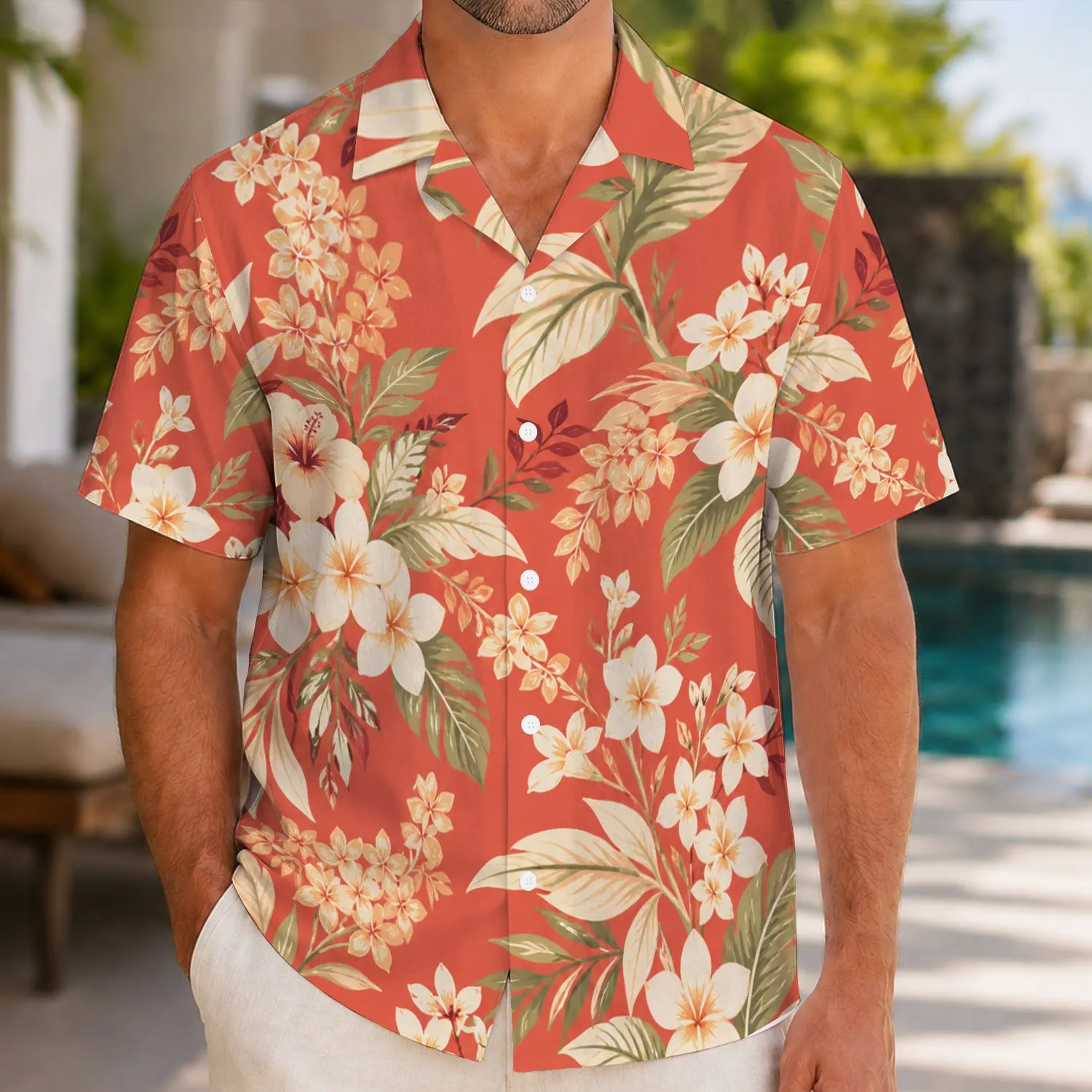 Red Tropical Couple Vacation Outfit For Beach Travel And Matching Holiday Getaways Hawaiian Shirt - 1
