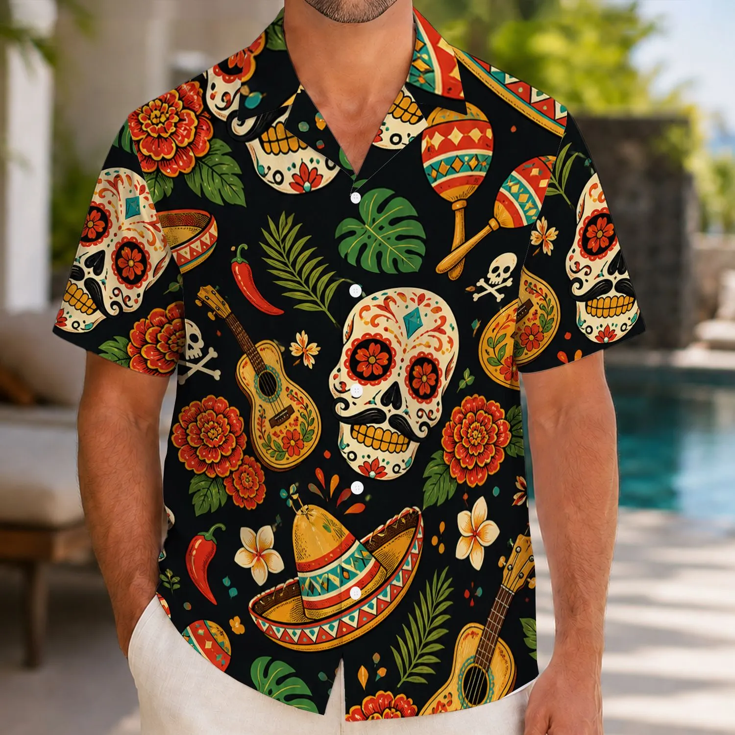 Sugar Skulls, Sombreros And Guitars For Festive Vacation Celebrations And Parties Hawaiian Shirt - 1