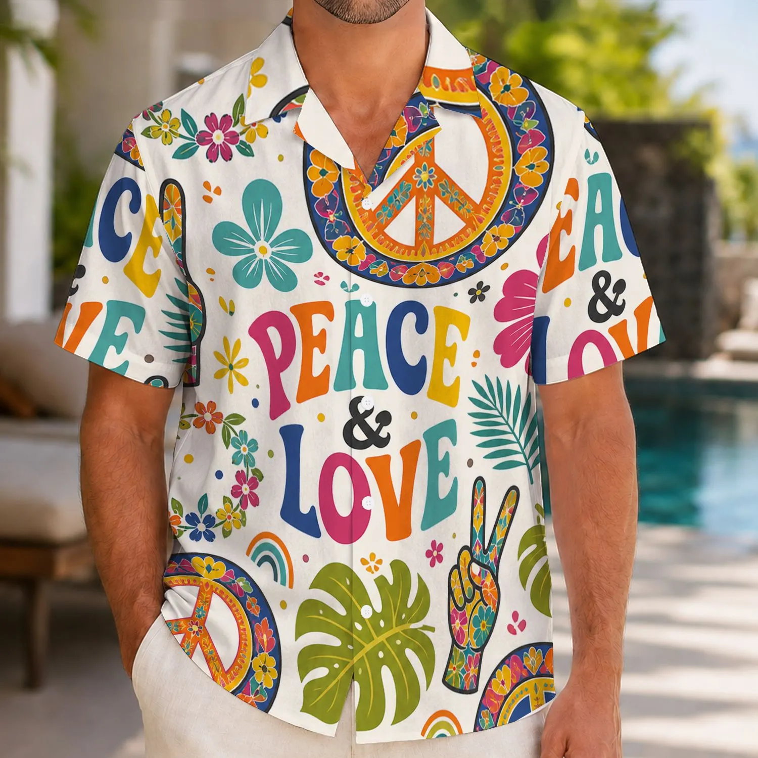Peace Sign Floral Symbols for Summer Festivals and Beach Getaways, Men's Casual Style Hawaiian Shirt - 1