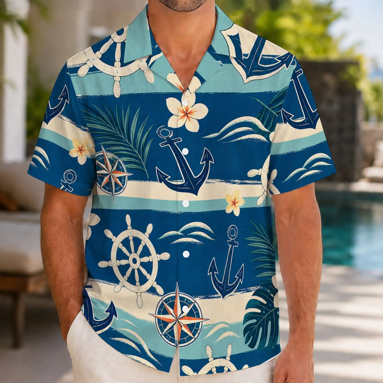Nautical Anchor Wheel Motifs for Seaside Getaways and Summer Sailing Style for Men Hawaiian Shirt - 1