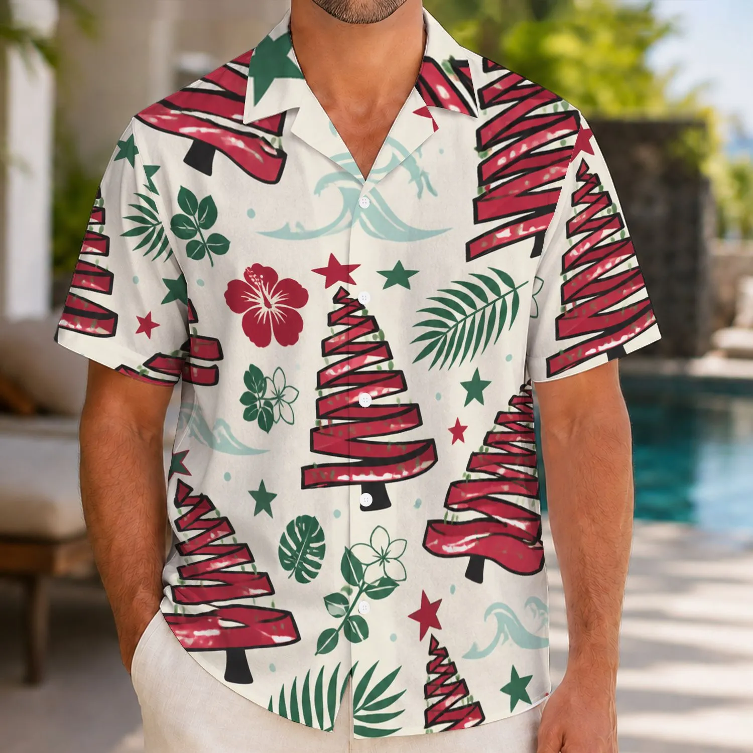 White Christmas Trees With Red Green Stars For Festive Holiday Gatherings For Men Hawaiian Shirt - 1