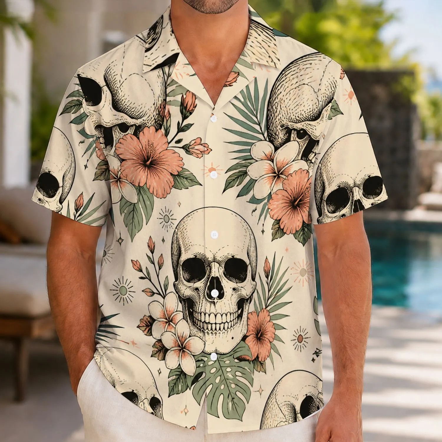 Skull And Tropical Flower Motifs For Beach Parties And Resort Nights, Bold Men's Style Hawaiian Shirt - 1