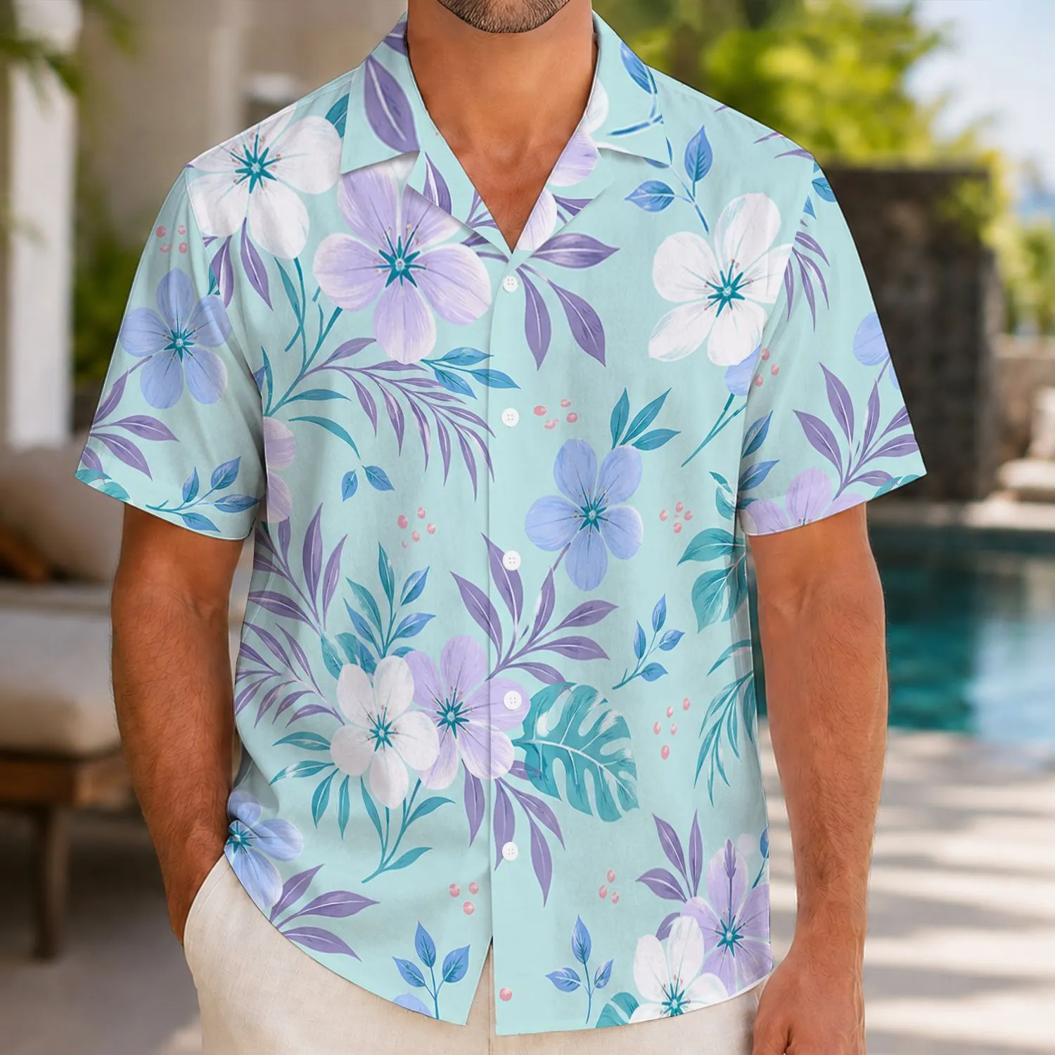 Mint Blossom Couple Beachwear for Tropical Vacations and Honeymoons His and Hers Hawaiian Shirt - 1