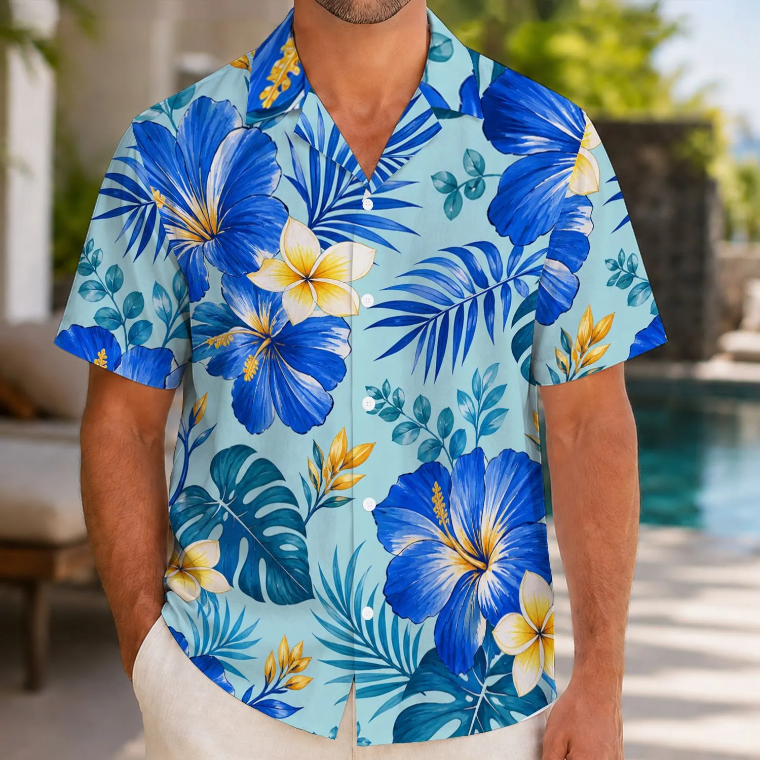 Blue and Gold Tropical Flowers for Beach Vacations and Family Island Getaways in Summer Hawaiian Shirt - 1