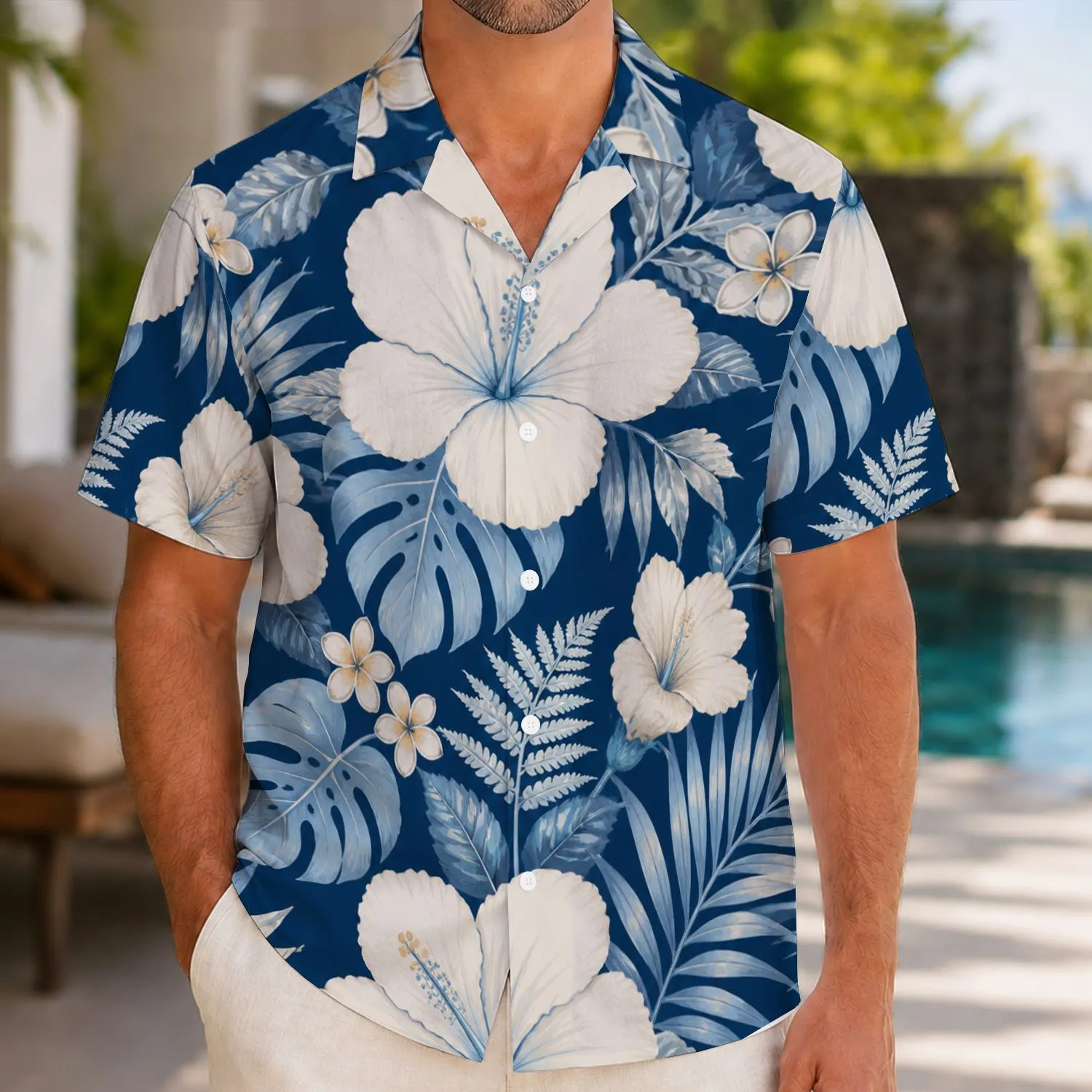 Navy Hibiscus Family Florals for Tropical Vacations and Beach Days, Mom Dad Kids Hawaiian Shirt - 1