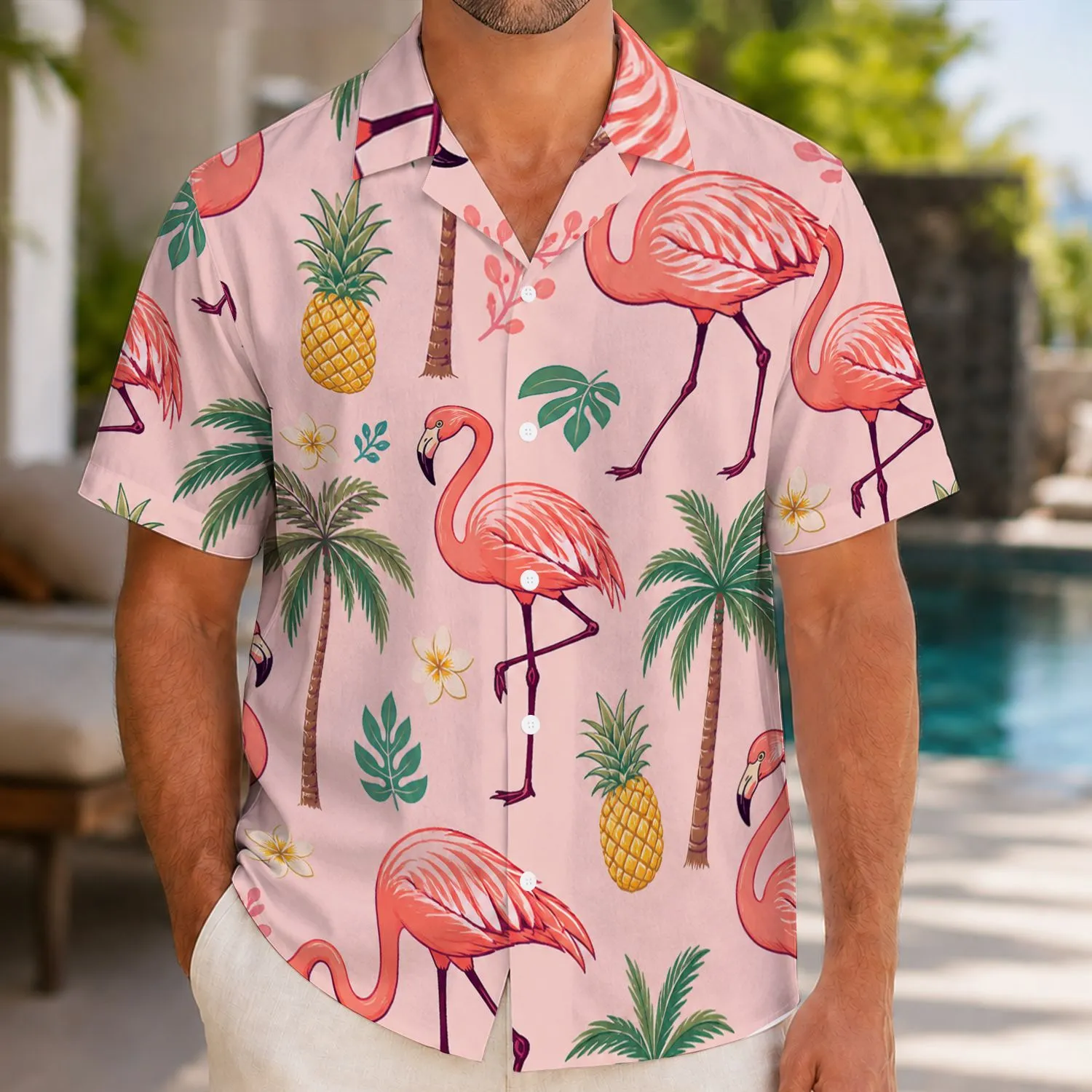 Pink Flamingo Palm Tropical Vacation Style for Matching Couples and Resort Outings Hawaiian Shirt - 1