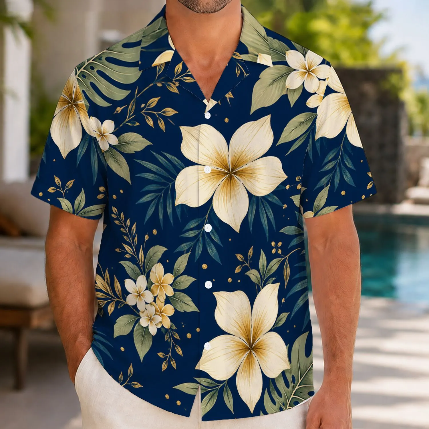 Navy Gold Tropical Florals For Resort Getaways And Couples Vacation Wardrobe Style Hawaiian Shirt - 1
