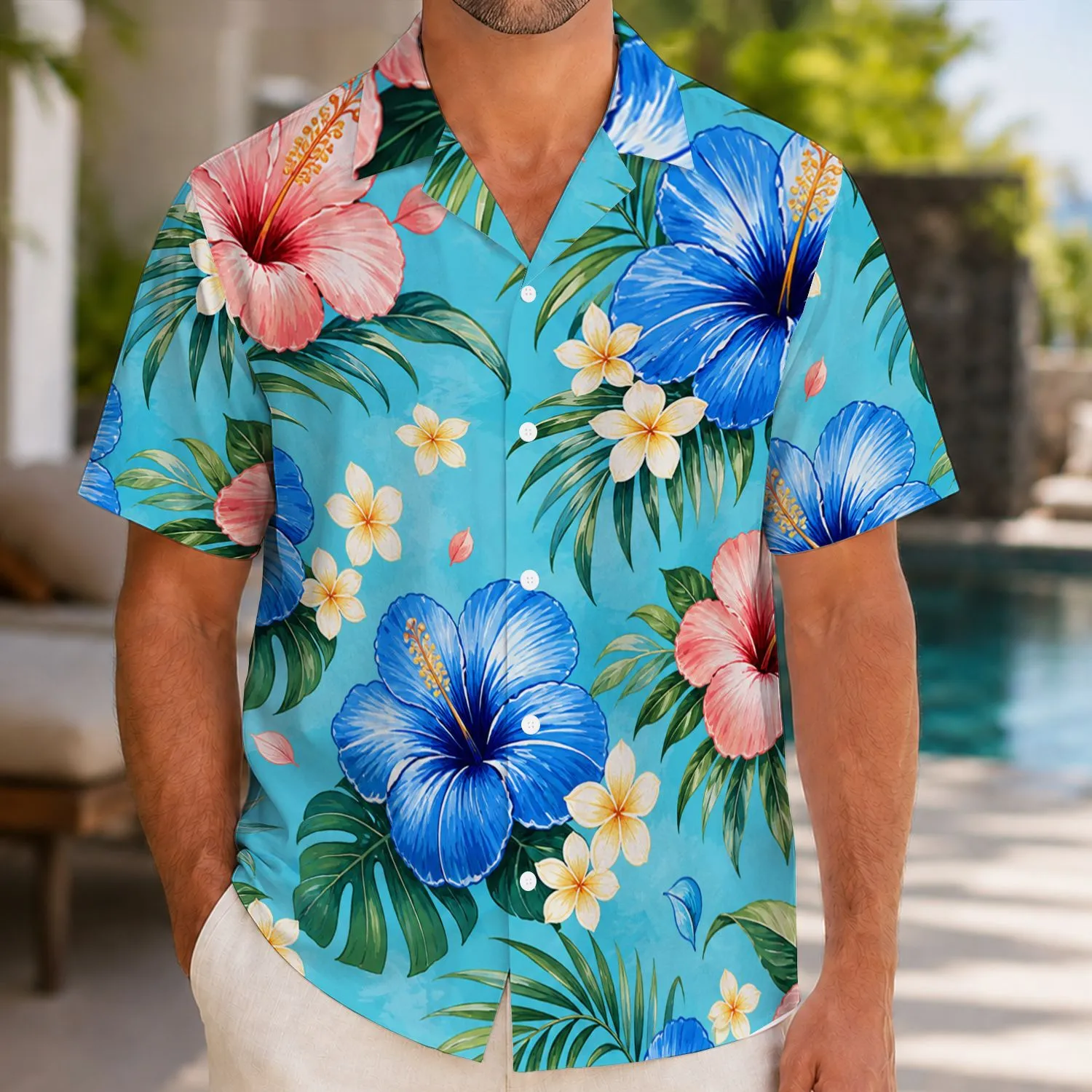 Blue Hibiscus and Pink Tropical Flowers for Beach Getaways and Couple Island Vacations Hawaiian Shirt - 1