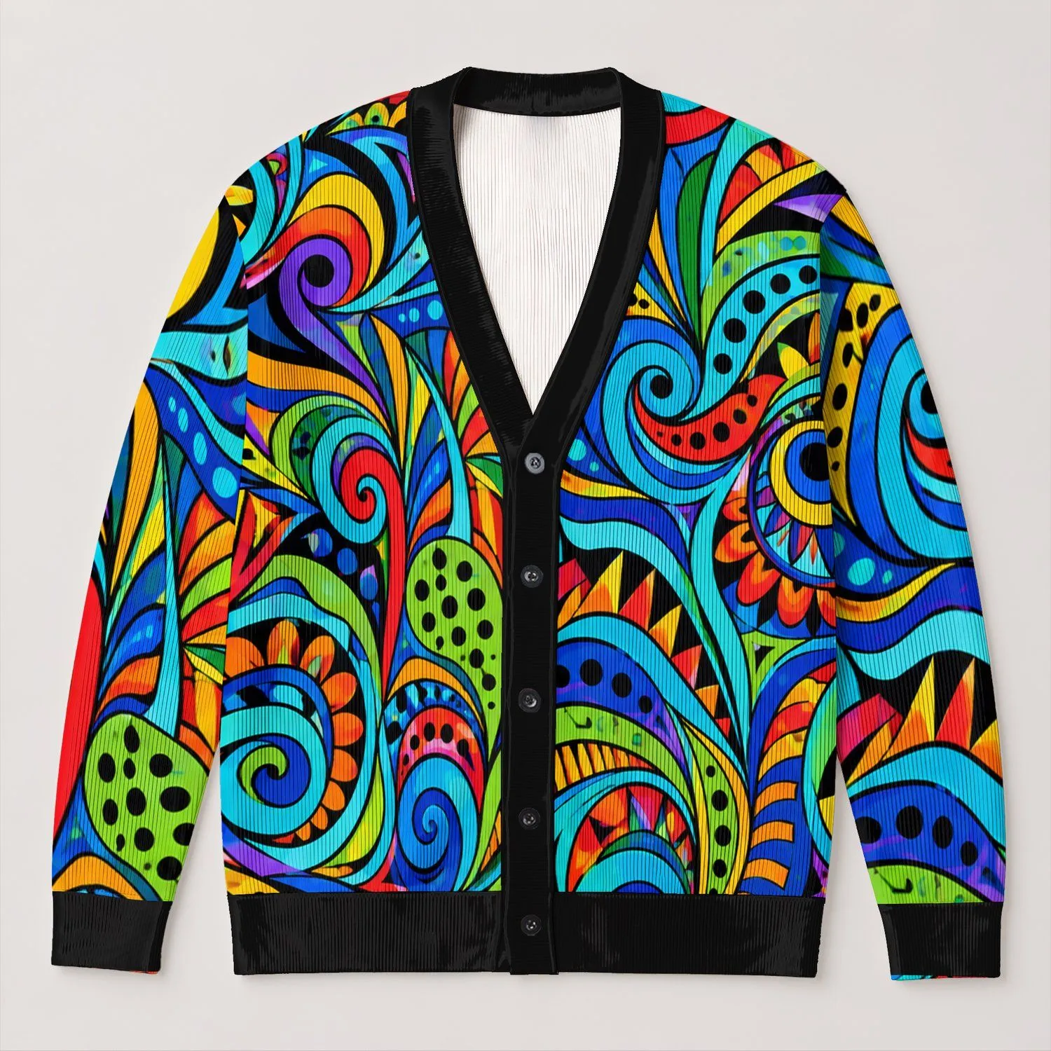 Vibrant Colorful Psychedelic Swirls and Geometric Shapes for Everyday Layering Women All-over Print Knitted Cardigan - 1