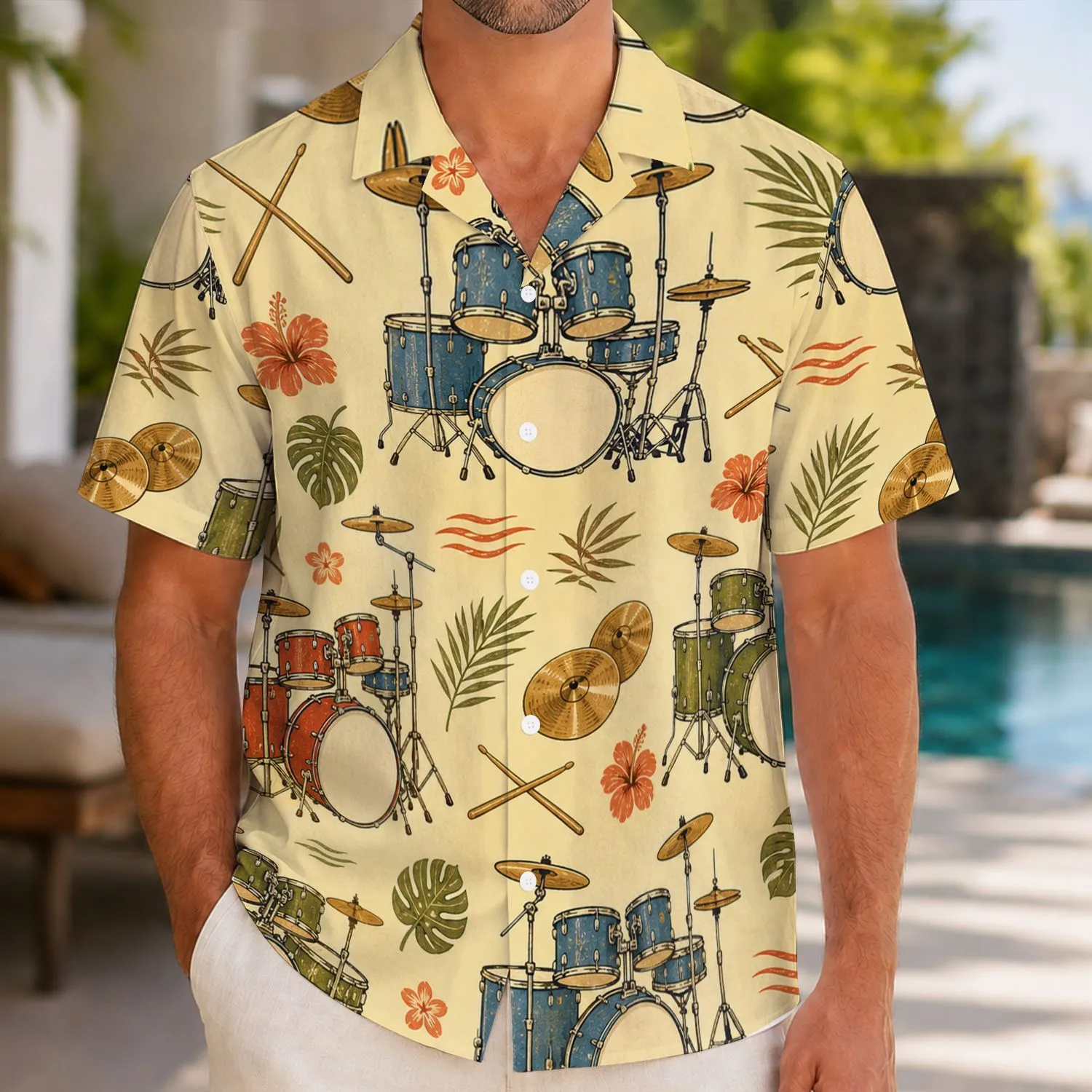 Vintage Drum Kit Rhythm for Summer Concerts, Beach Getaways, and Music Festival Fans Hawaiian Shirt - 1
