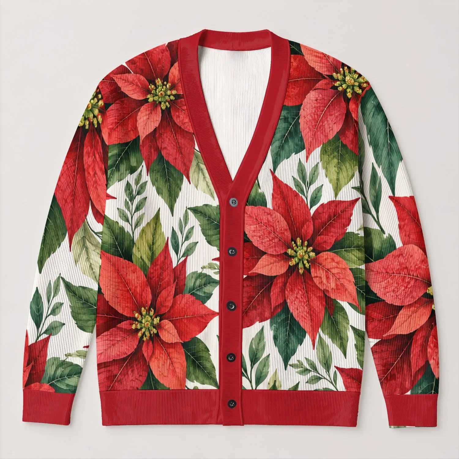 Red Poinsettia And Green Leaf Holiday Motifs For Festive Everyday Layering For Women All-over Print Knitted Cardigan - 1