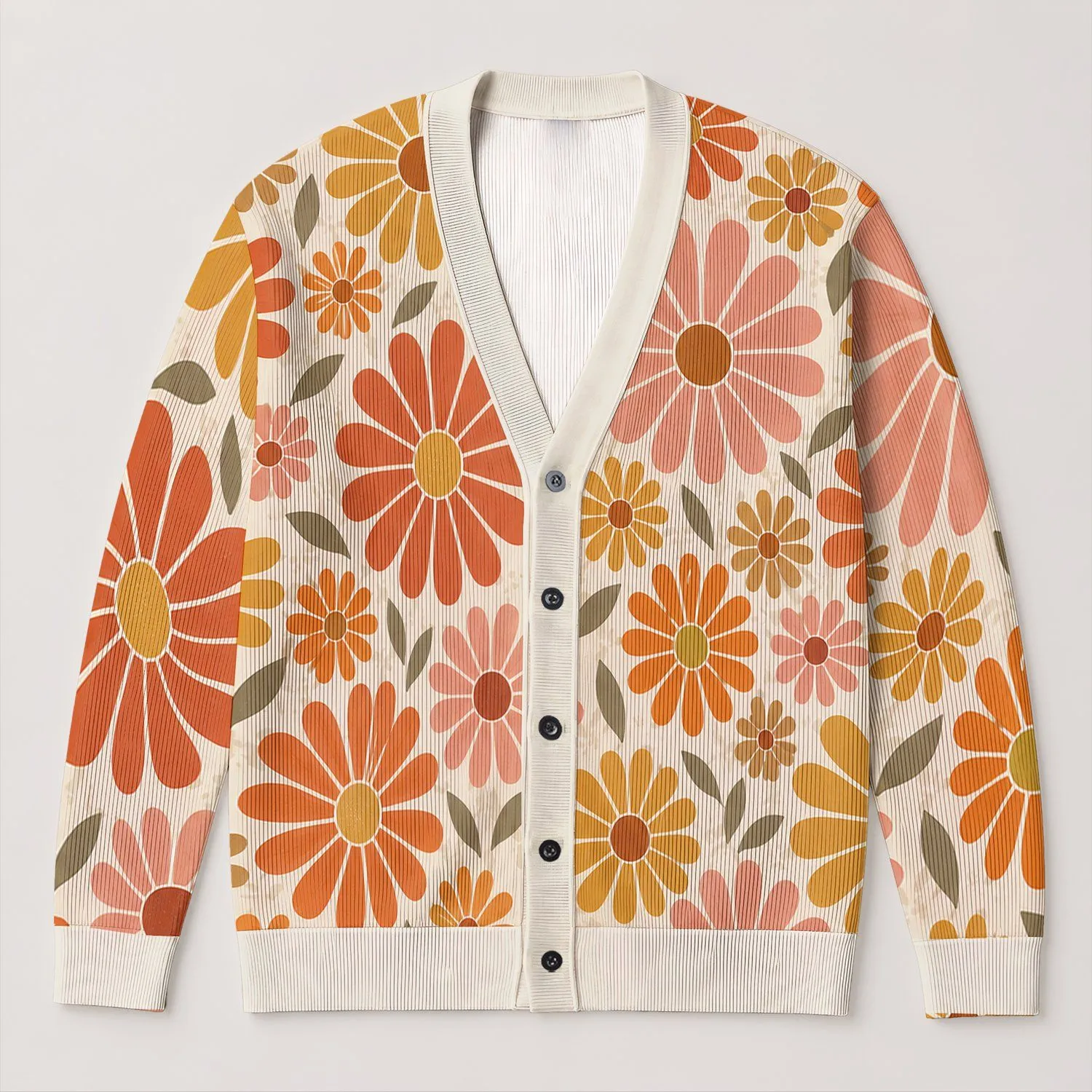 Terracotta Daisy Floral Layers for Relaxed Bohemian Weekends and Everyday Wear Looks All-over Print Knitted Cardigan - 1