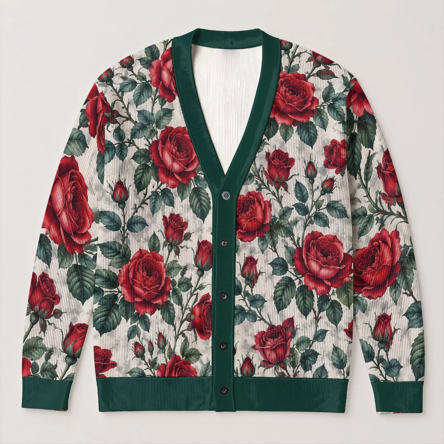 Classic Red Rose Floral Botanical Style for Everyday Layering and Special Occasions Wear All-over Print Knitted Cardigan - 1