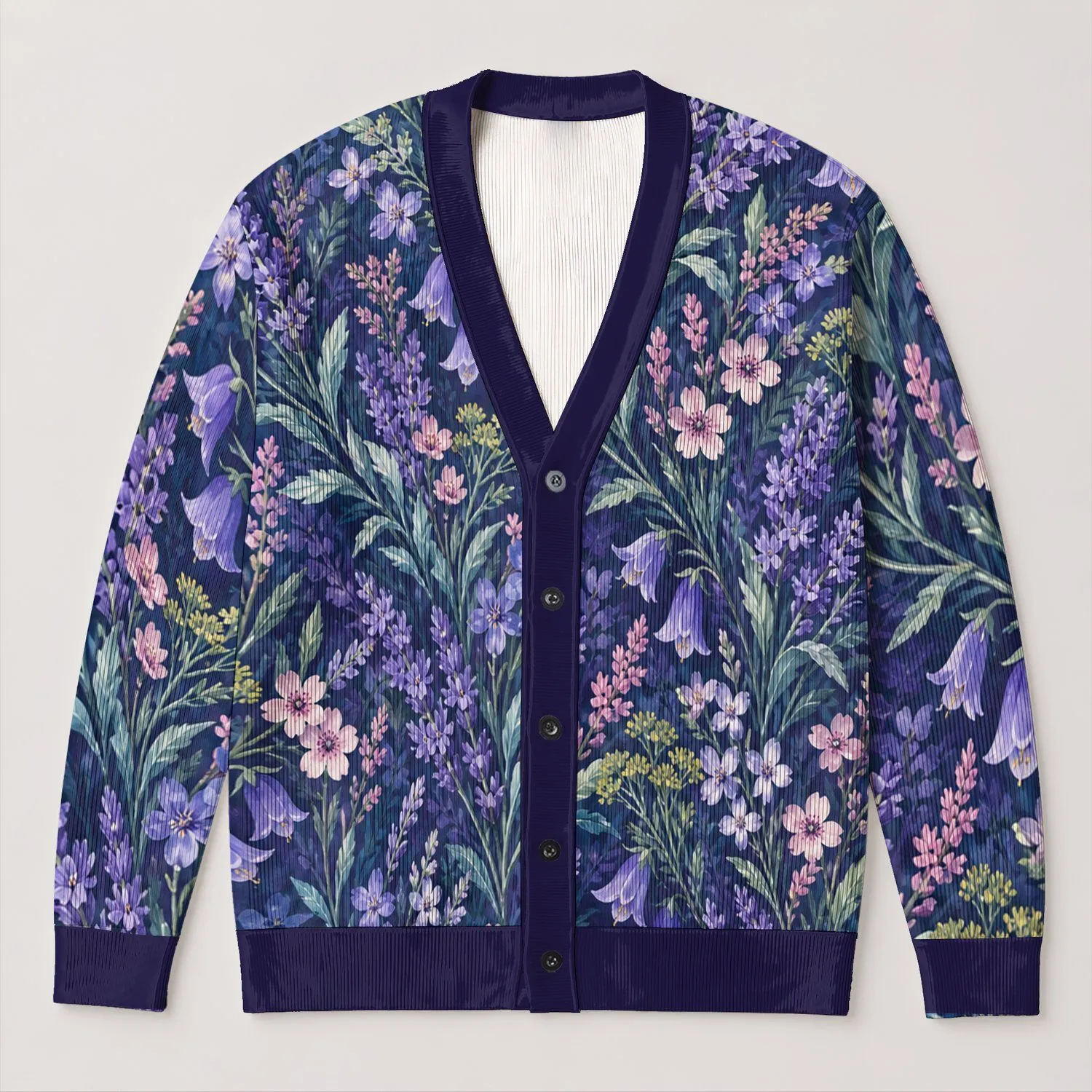 Lavender Meadow Florals For Autumn Layering, Romantic Vacation Style For Women And Dates All-over Print Knitted Cardigan - 1