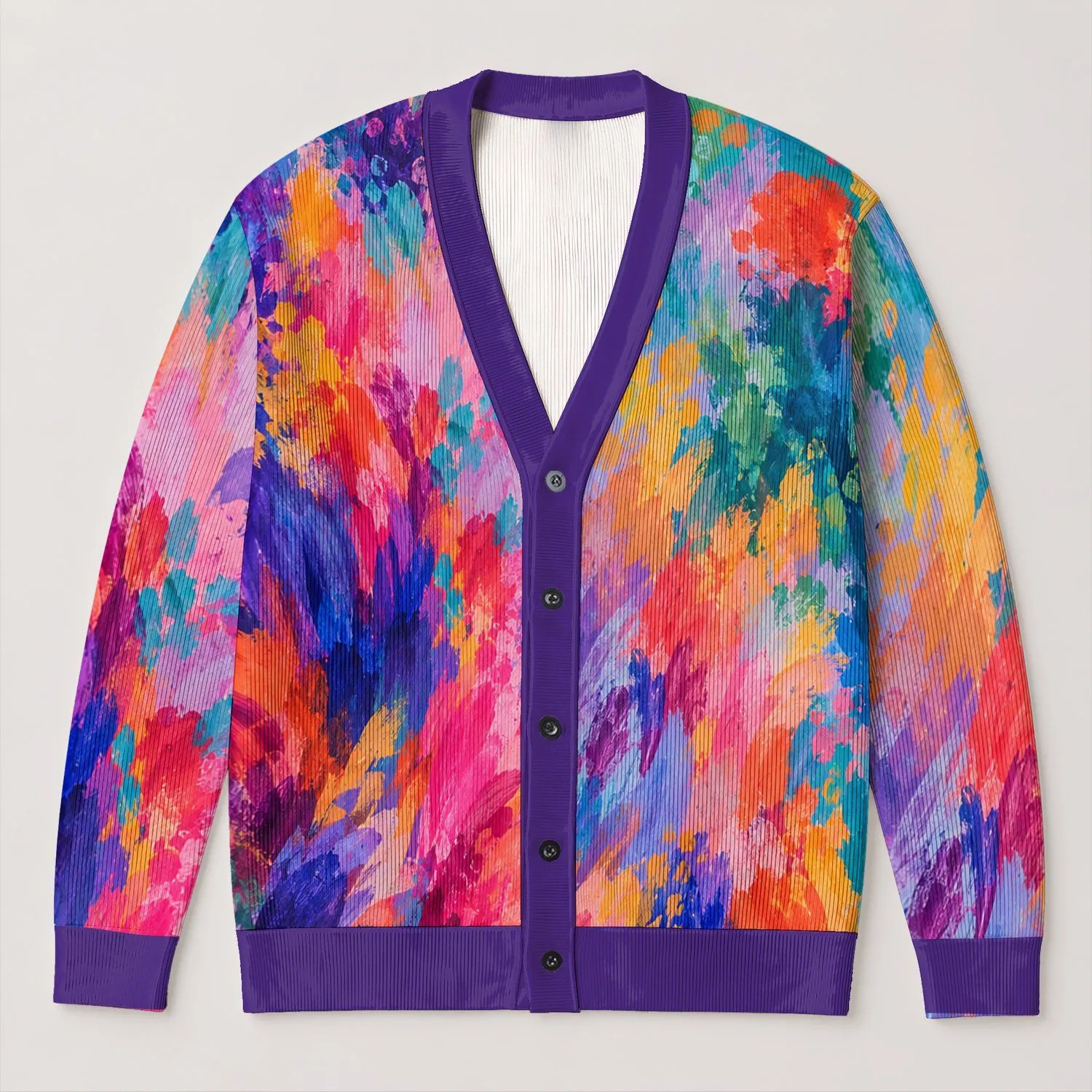 Vivid Purple Rainbow Colorwash For Autumn Vacation Layering And Everyday Women’s Style All-over Print Knitted Cardigan - 1