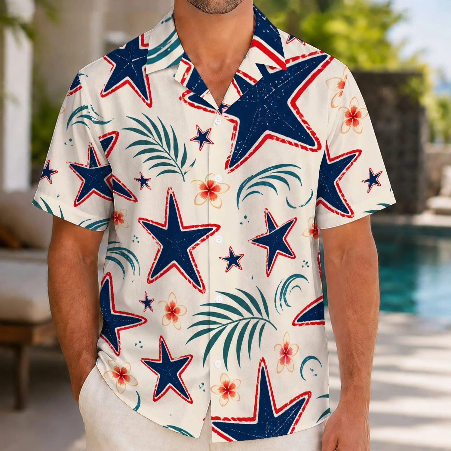 Navy Red Star Motifs for Matching Father Son Vacation Outfits and Family Holidays Hawaiian Shirt - 1