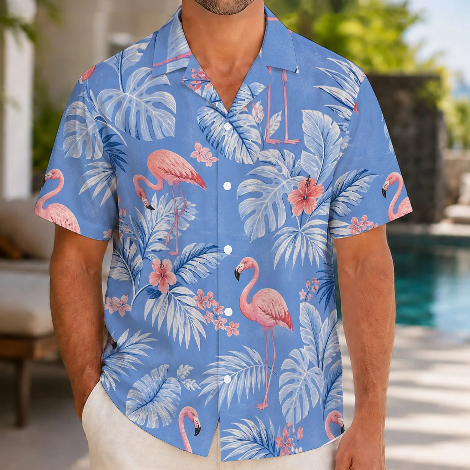 Pink Flamingo Palm Leaf Scene for Matching Father Son Vacation Weekend Outfits Together Hawaiian Shirt - 1
