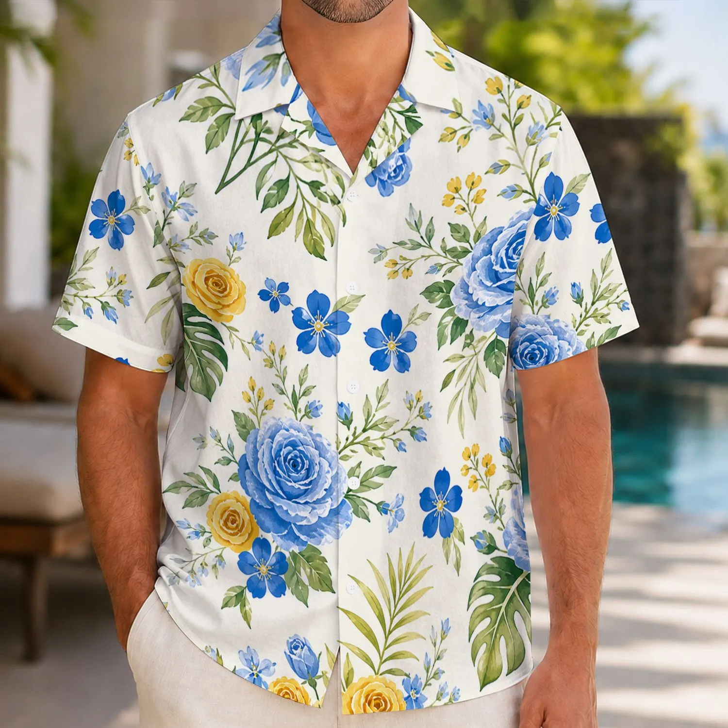 Blue Gold Floral Family Outfit for Father’s Day Resort Vacation Matching Dad and Son Hawaiian Shirt - 1