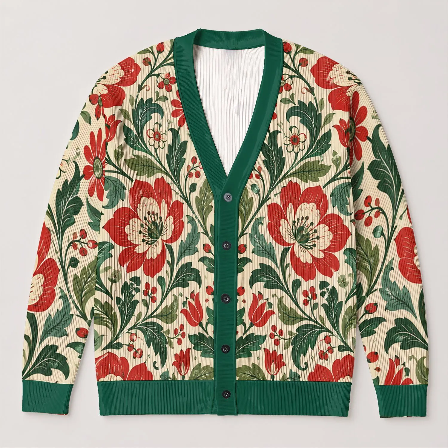 Vintage Red and Green Floral Motifs for Everyday Layering, Women's Country Style Wardrobe All-over Print Knitted Cardigan - 1