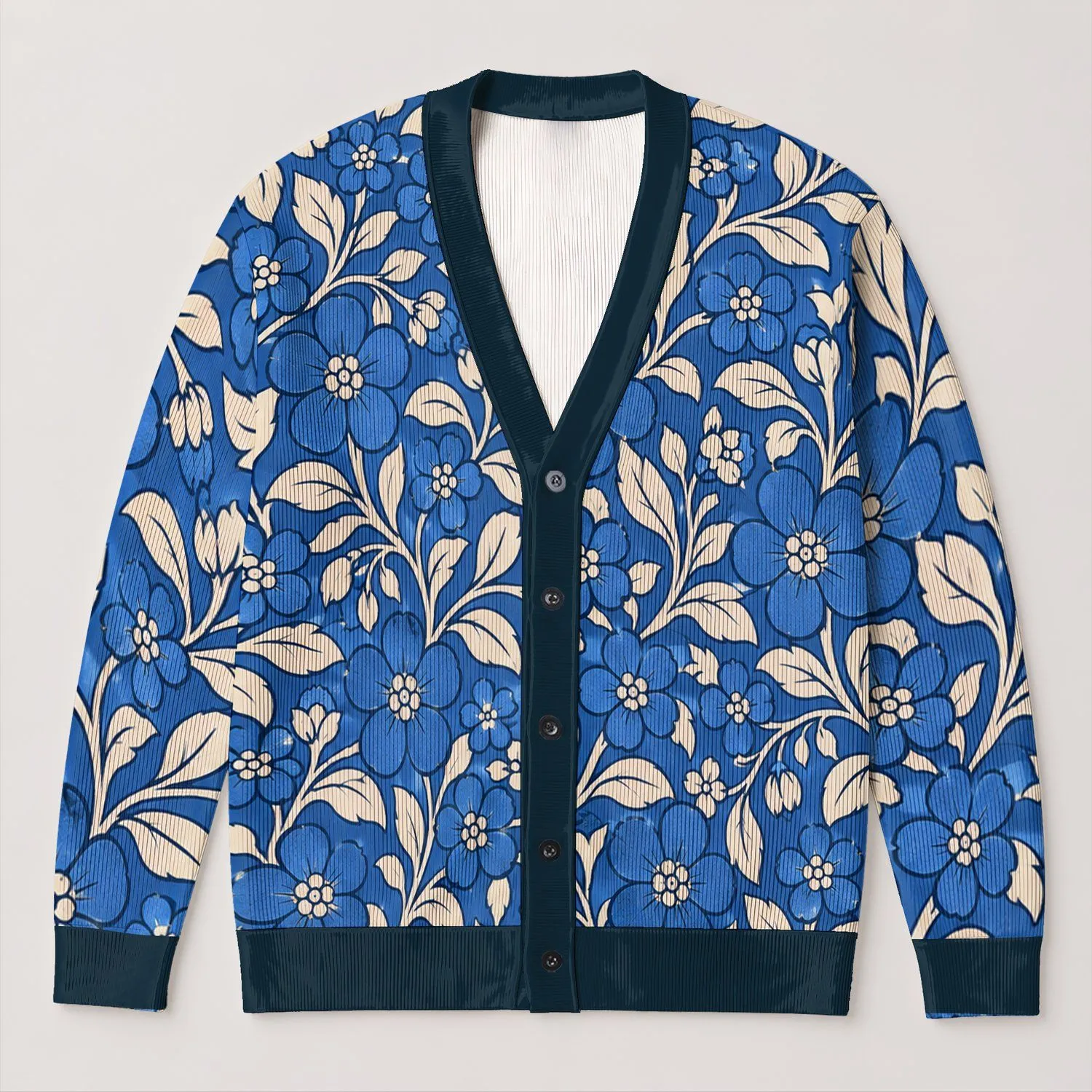 Blue Floral Garden Motif for Everyday Layering and Relaxed Weekend Style Outfits All-over Print Knitted Cardigan - 1