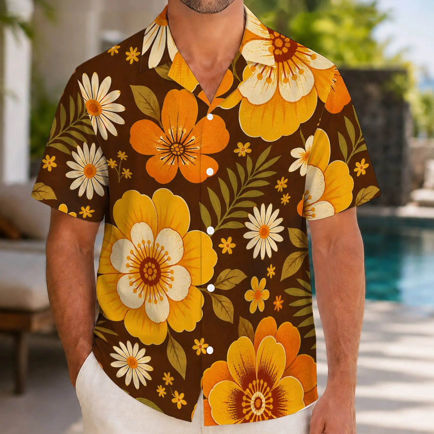 Retro Orange Daisy Garden for Beach Vacations and Disco Weekends, Men's Resort Style Hawaiian Shirt - 1