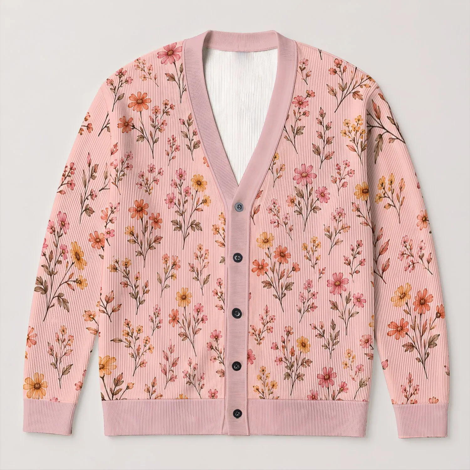 Pastel Wildflower Blooms for Spring Vacation Layering and Feminine Casual Style All-over Print Knitted Cardigan - 1