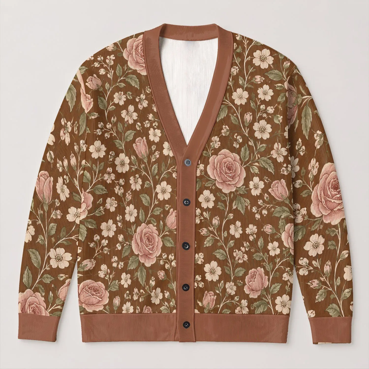 Vintage Floral Rose Blossoms for Cozy Fall Layering and Everyday Women’s Wardrobe Style All-over Print Knitted Cardigan - 1